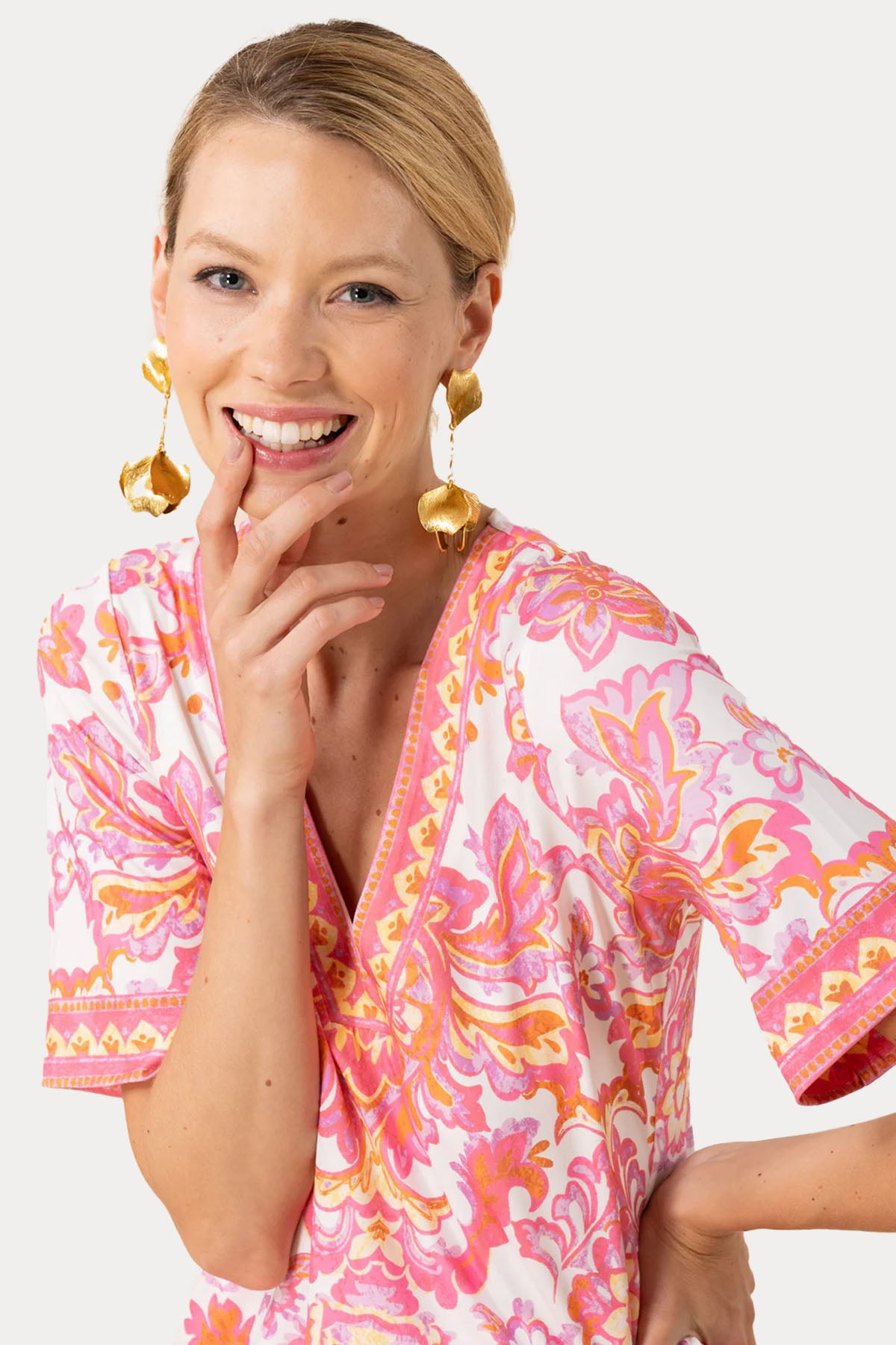 Hale Bob Renkli Desenli Streç Midi Elbise