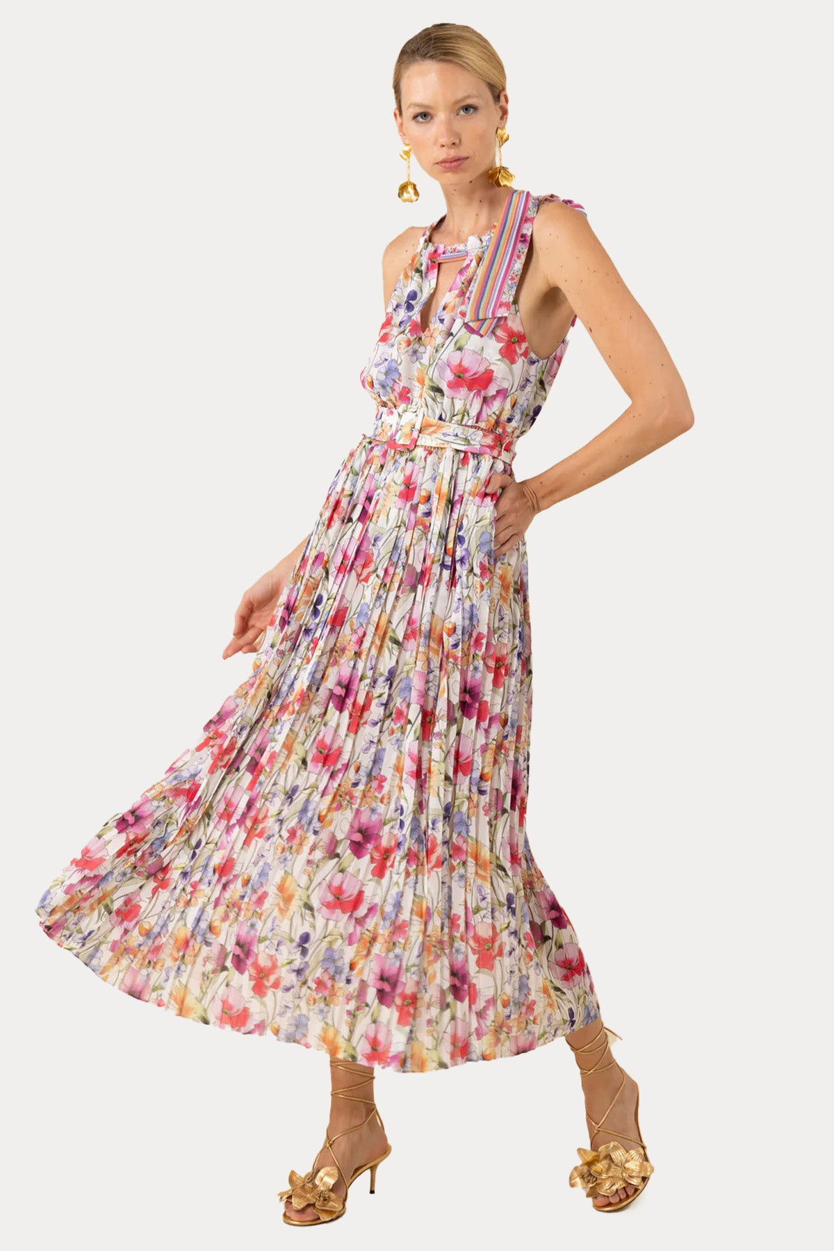Hale Bob Renkli Desenli Kemerli Maxi Elbise