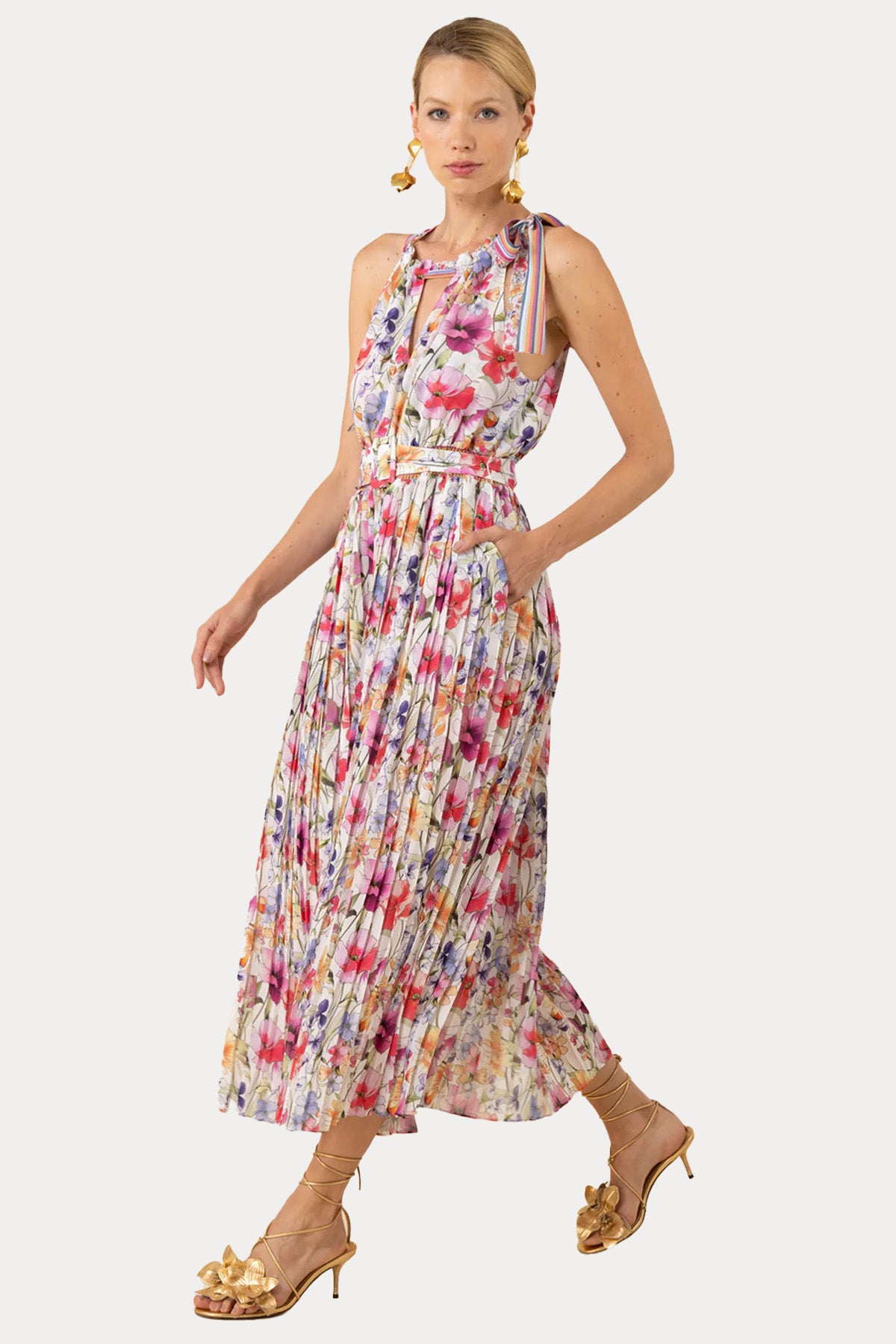 Hale Bob Renkli Desenli Kemerli Maxi Elbise