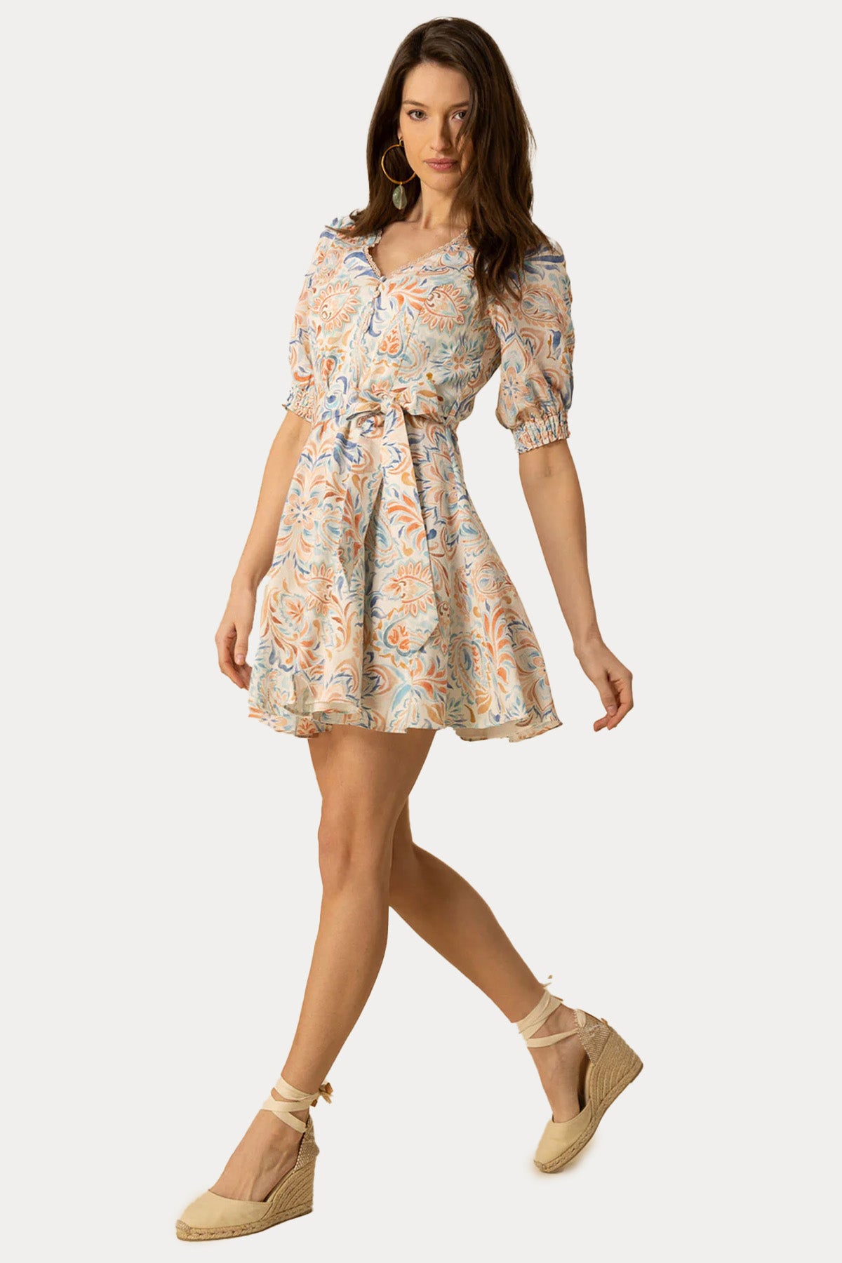 Hale Bob Renkli Desenli Kemerli Mini Keten Elbise