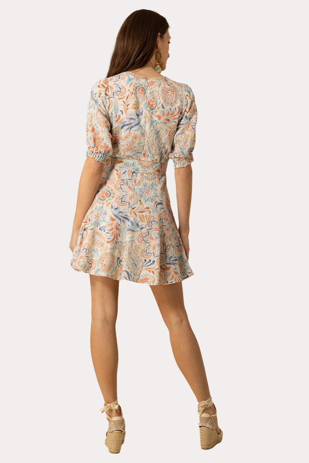 Hale Bob Renkli Desenli Kemerli Mini Keten Elbise