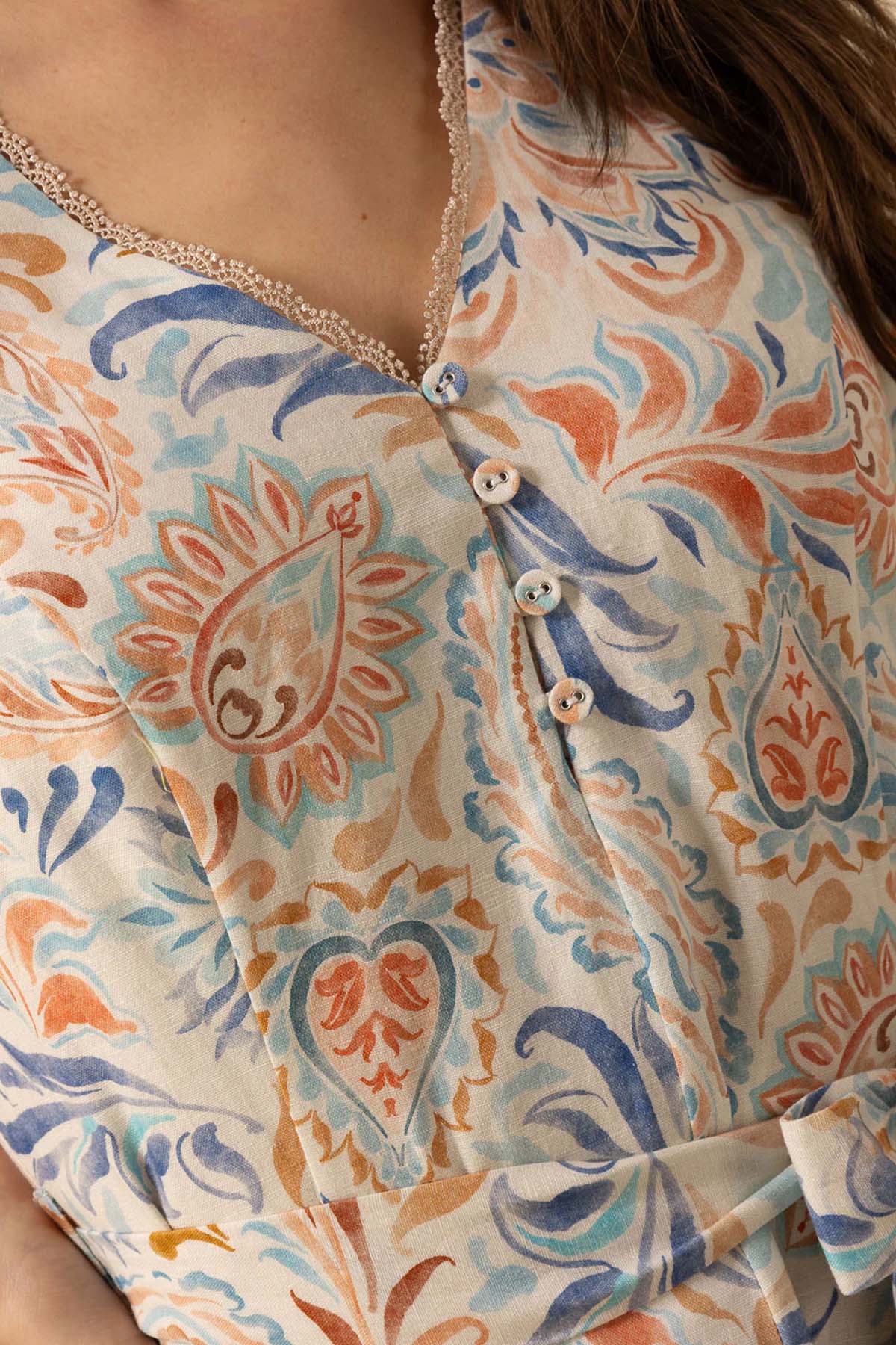 Hale Bob Renkli Desenli Kemerli Mini Keten Elbise