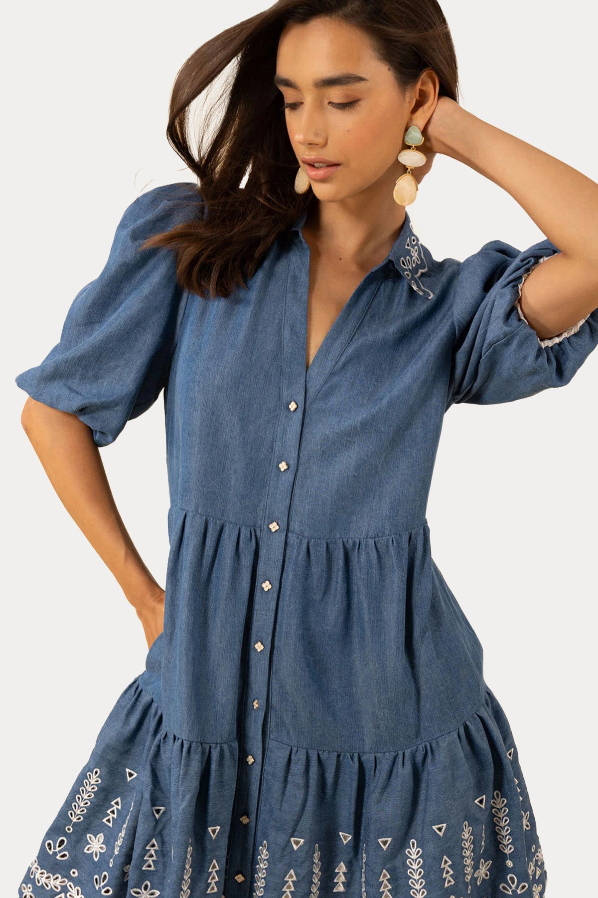 Hale Bob Nakışlı Mini Gömlek Elbise