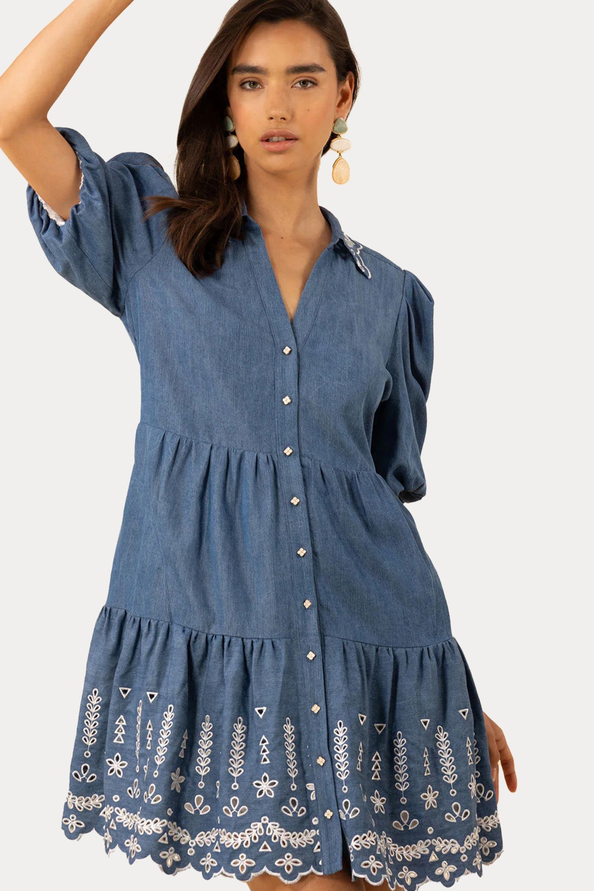 Hale Bob Nakışlı Mini Gömlek Elbise