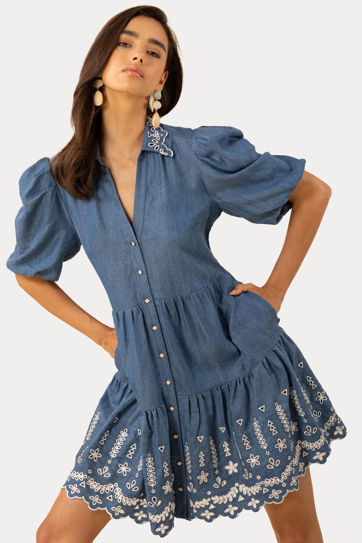 Hale Bob Nakışlı Mini Gömlek Elbise