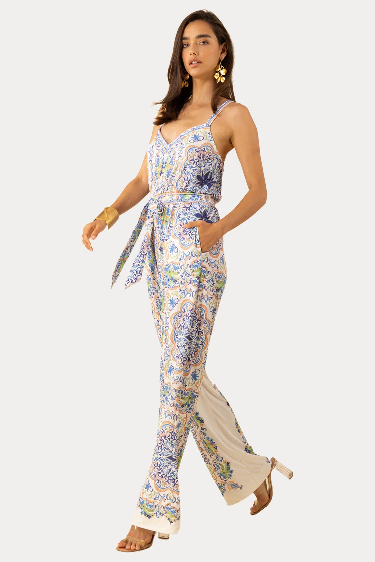 Hale Bob Renkli Desenli Streç Kemerli Tulum