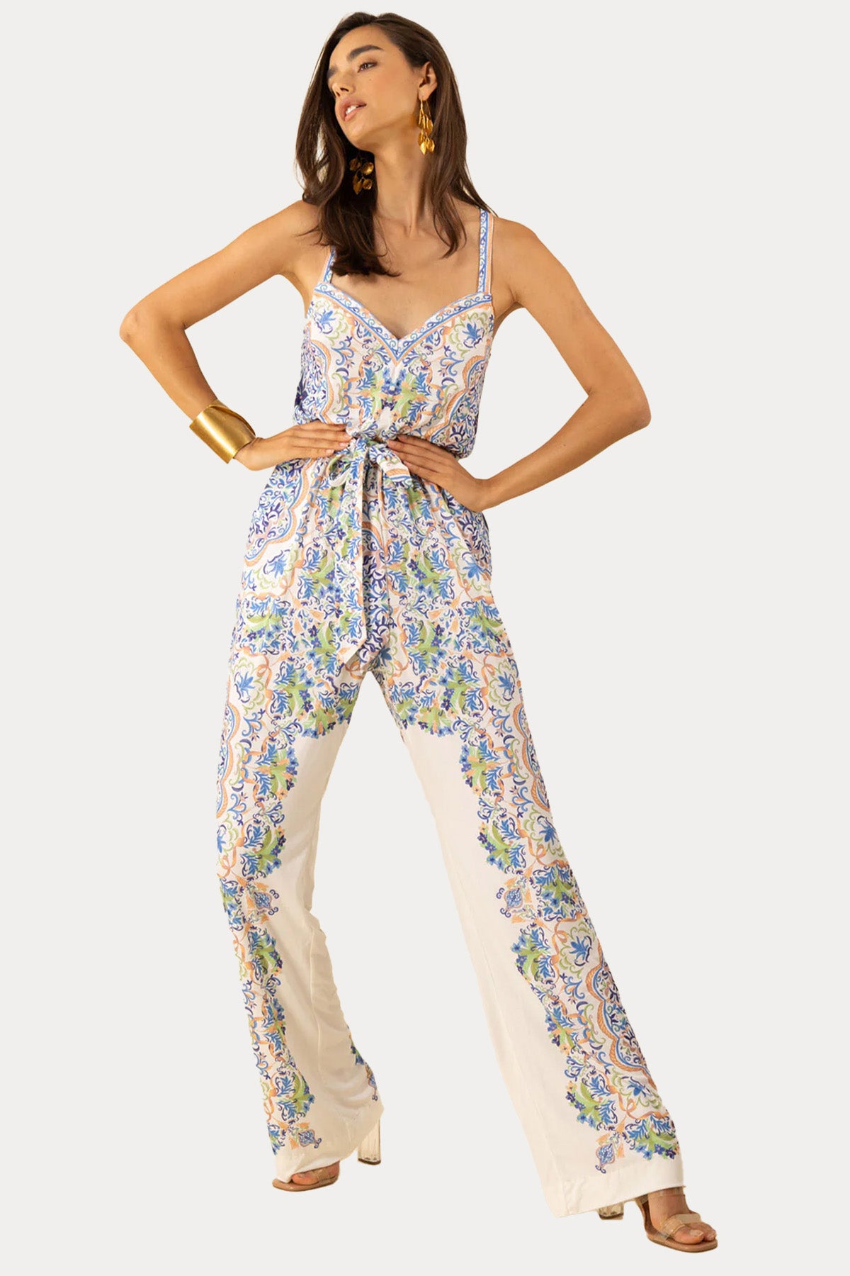 Hale Bob Renkli Desenli Streç Kemerli Tulum