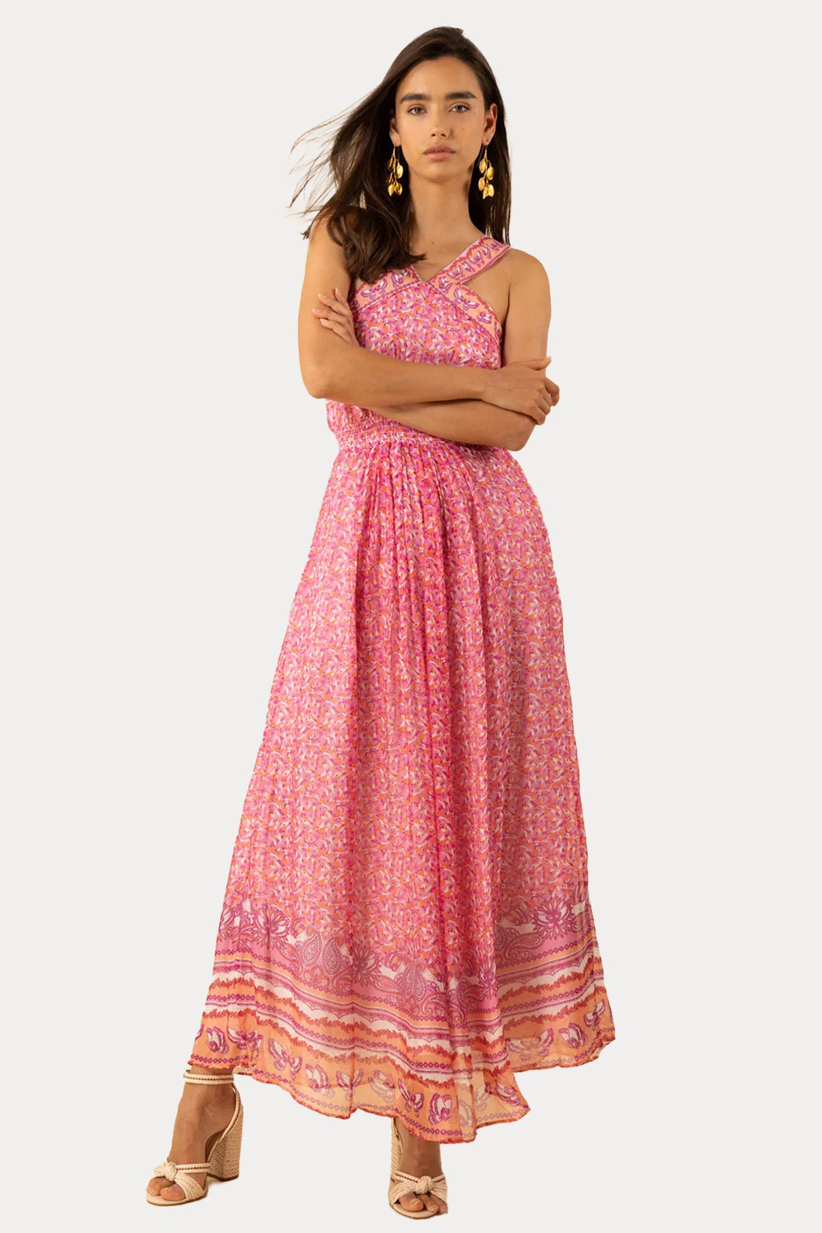 Hale Bob Renkli Desenli İpek Maxi Elbise