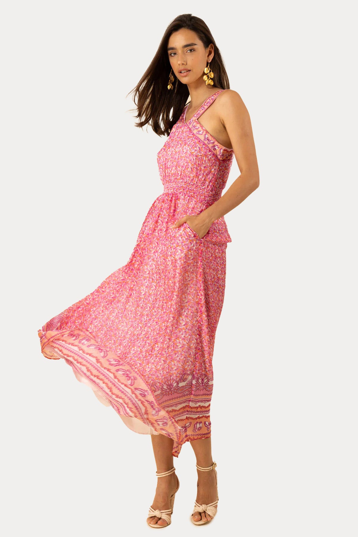 Hale Bob Renkli Desenli İpek Maxi Elbise