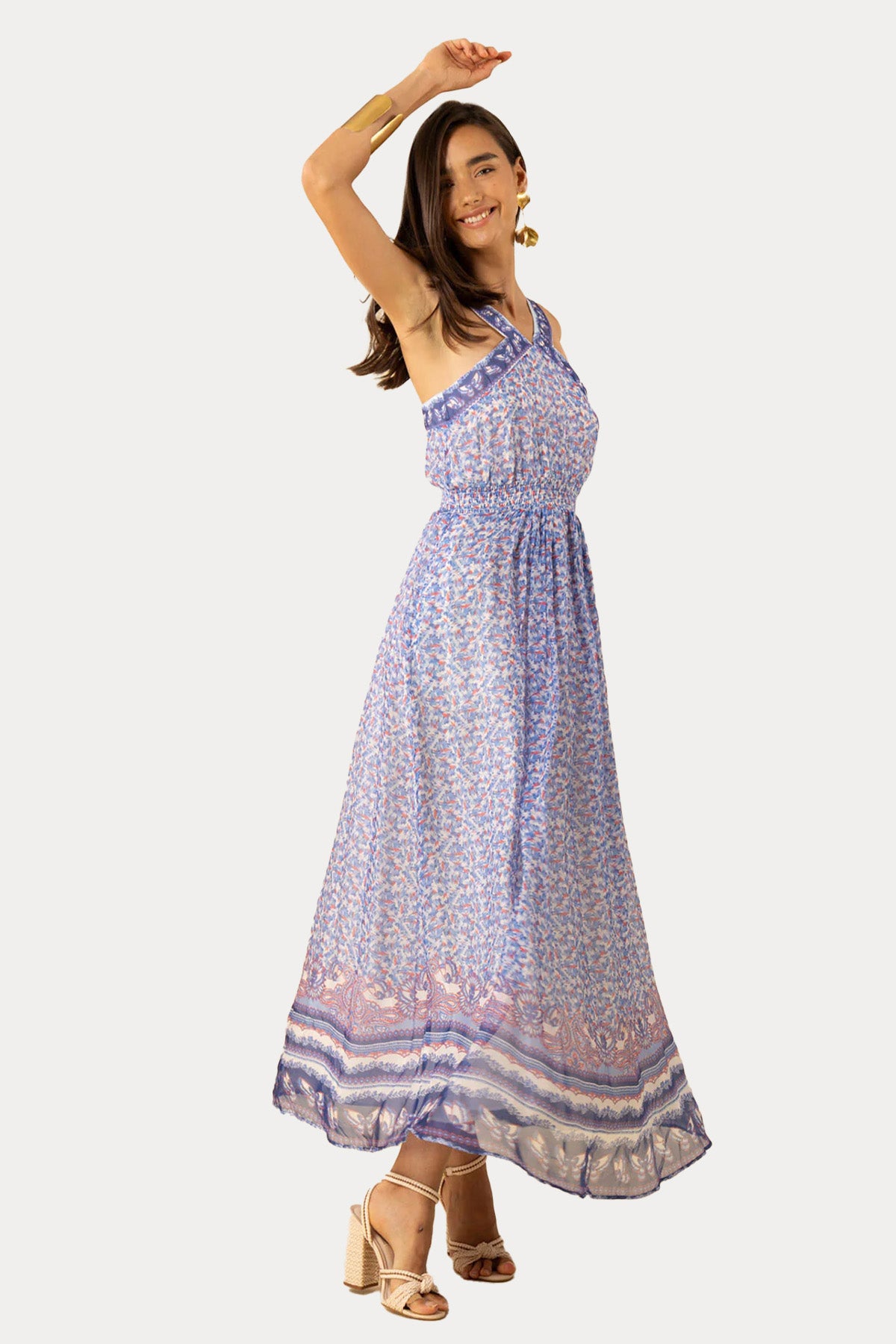 Hale Bob Renkli Desenli İpek Maxi Elbise