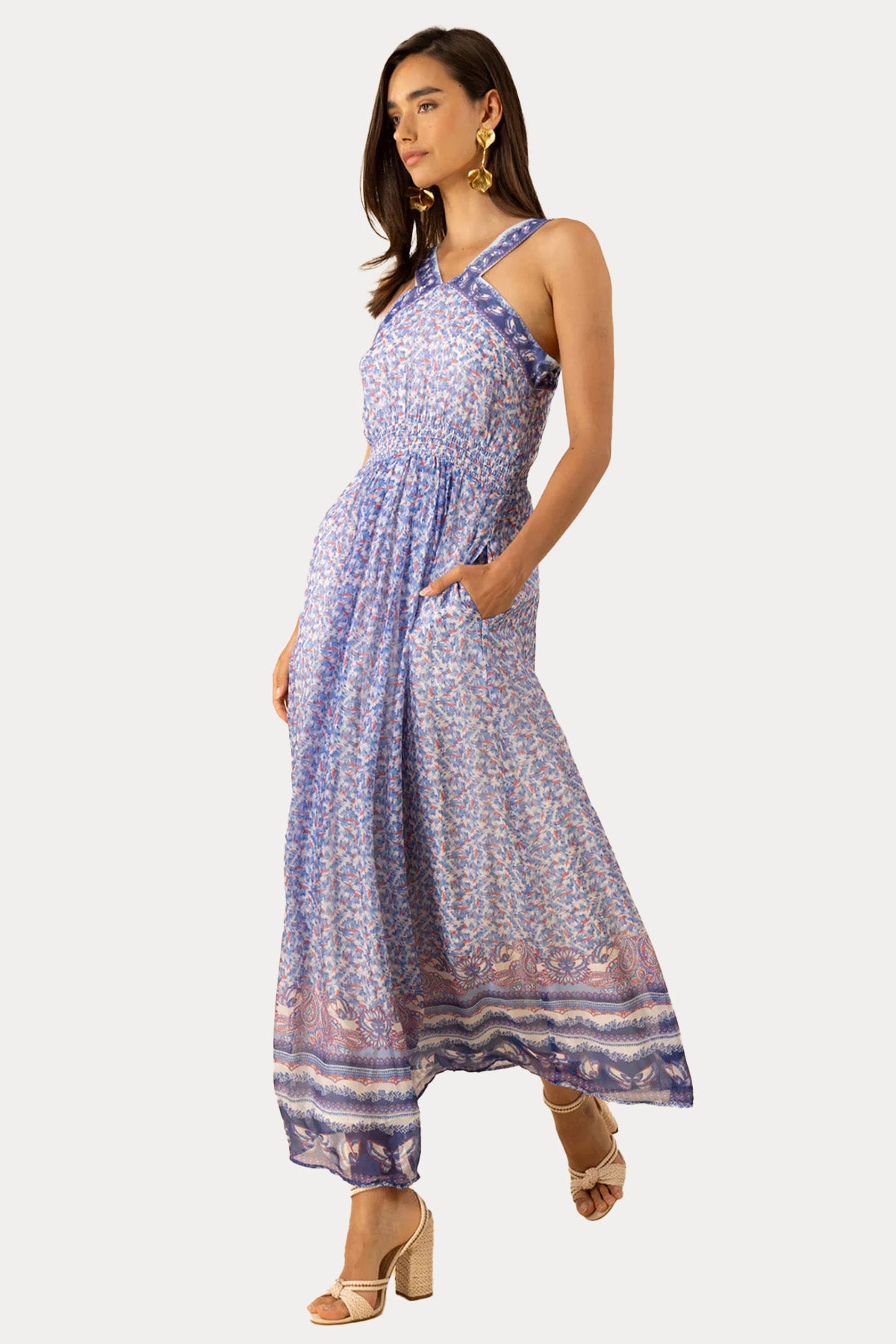 Hale Bob Renkli Desenli İpek Maxi Elbise