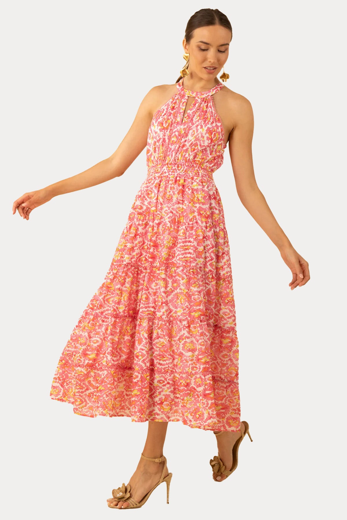 Hale Bob Renkli Desenli Midi Elbise