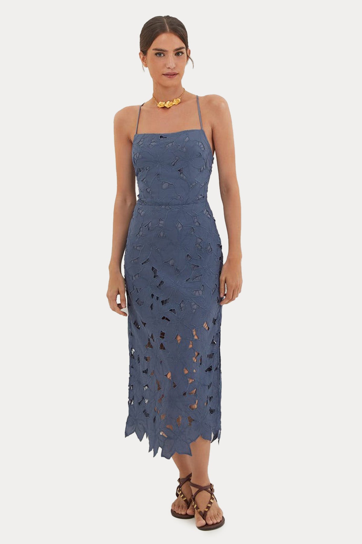 Vix Mei Lazer Kesim Desenli Sırt Dekolteli Midi Elbise