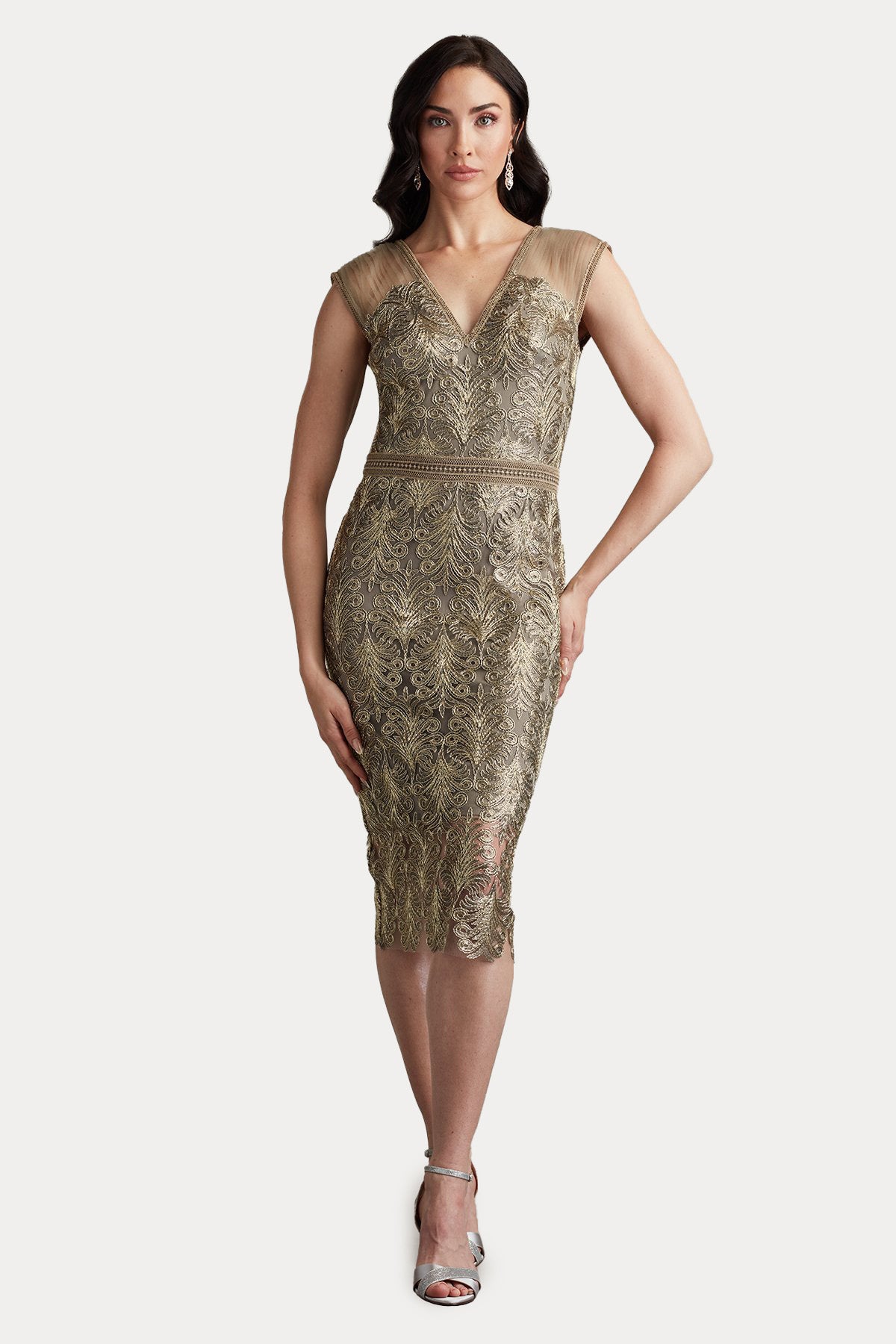 Tadashi Shoji Dantel Nakış Midi Abiye Elbise