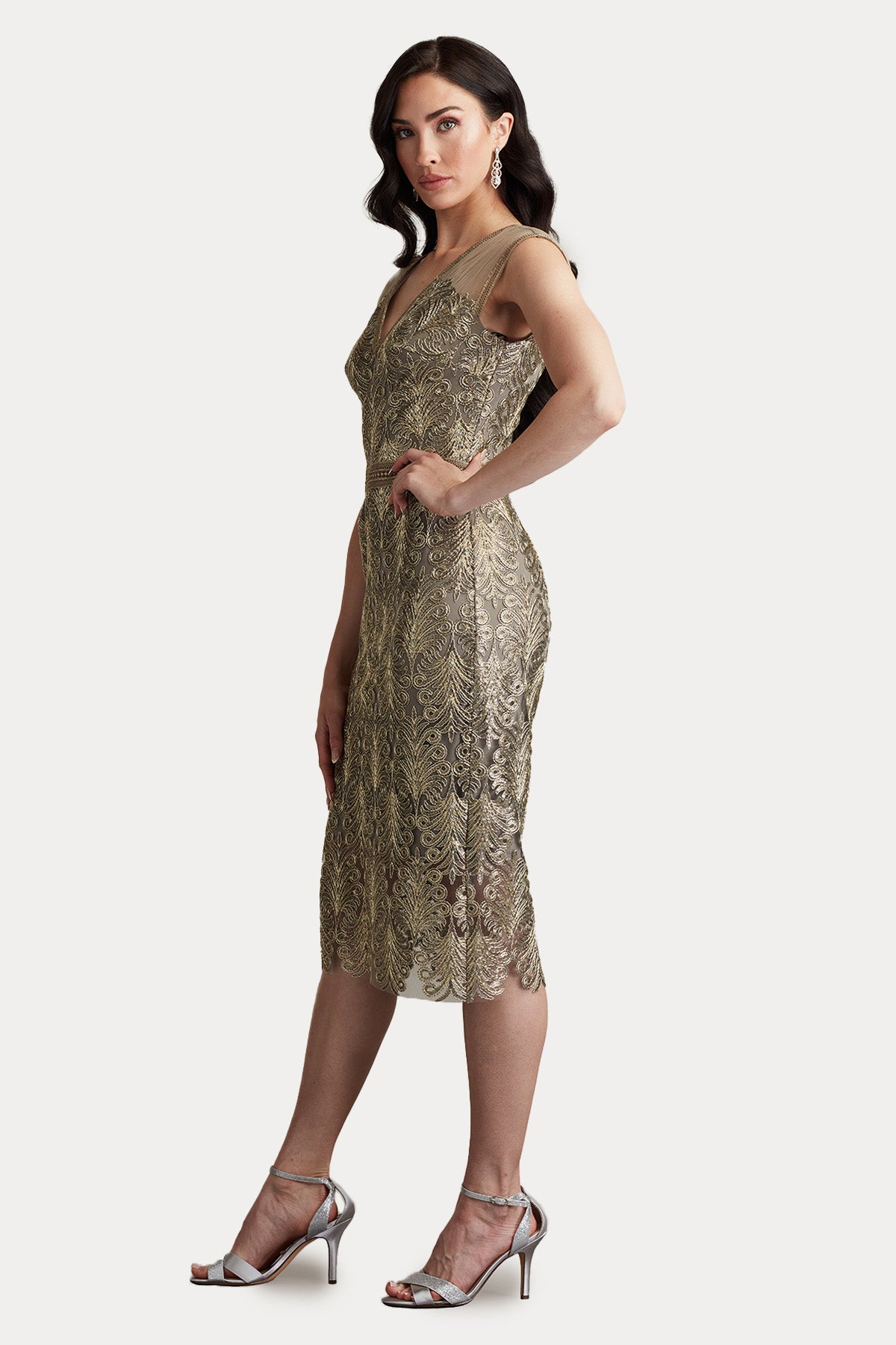 Tadashi Shoji Dantel Nakış Midi Abiye Elbise