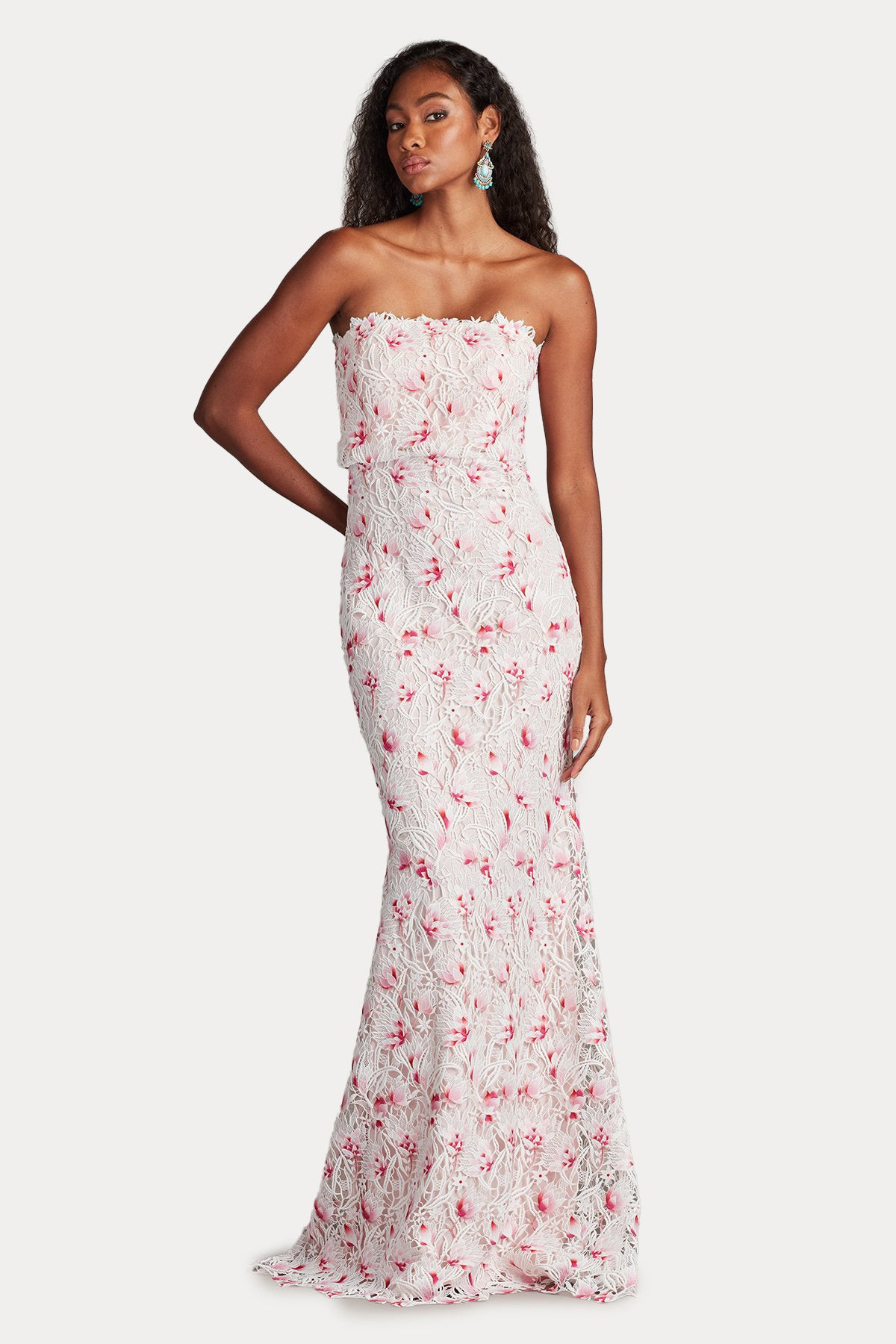 Tadashi Shoji Straplez Yaka Dantel Nakışlı Maxi Abiye Elbise