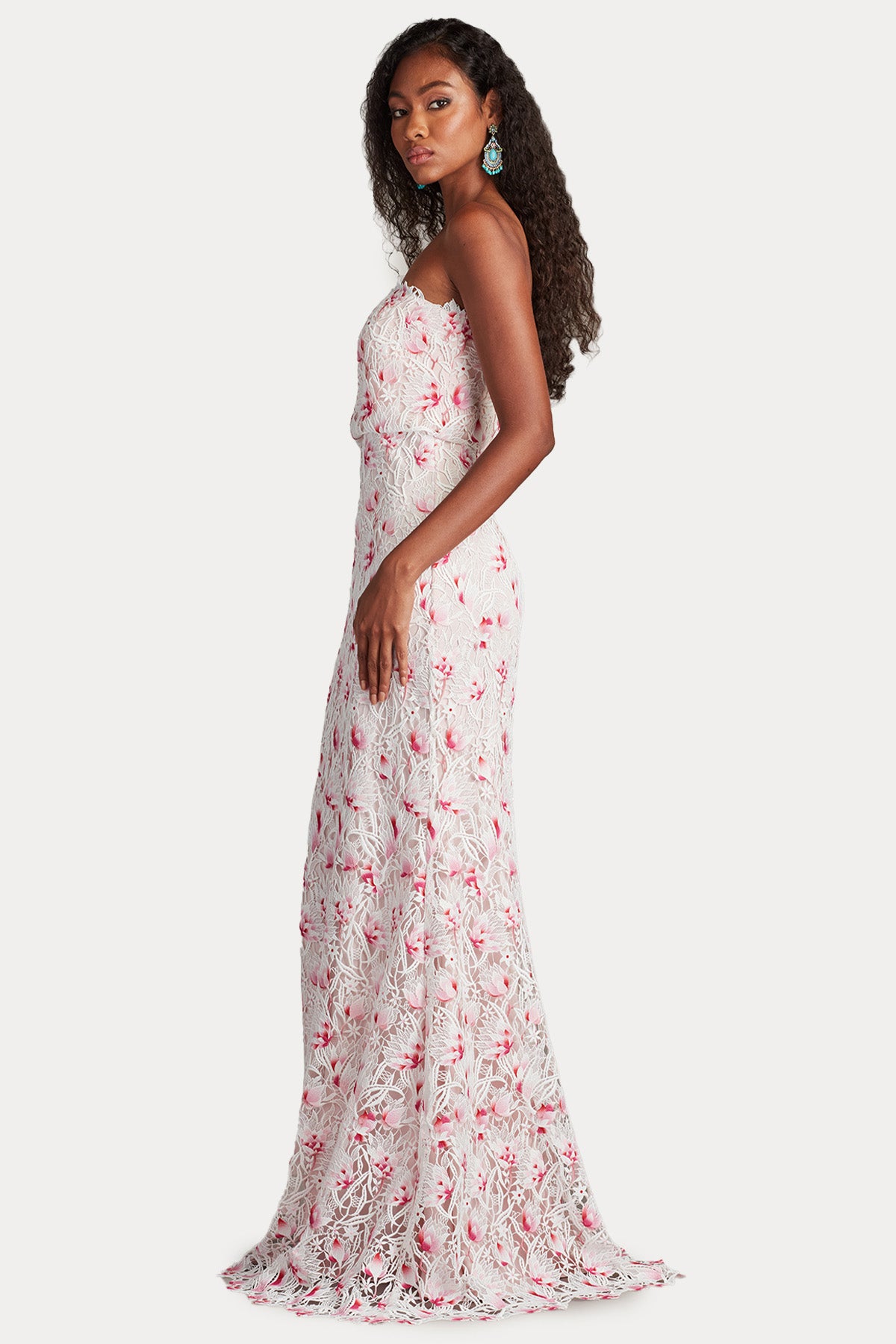 Tadashi Shoji Straplez Yaka Dantel Nakışlı Maxi Abiye Elbise