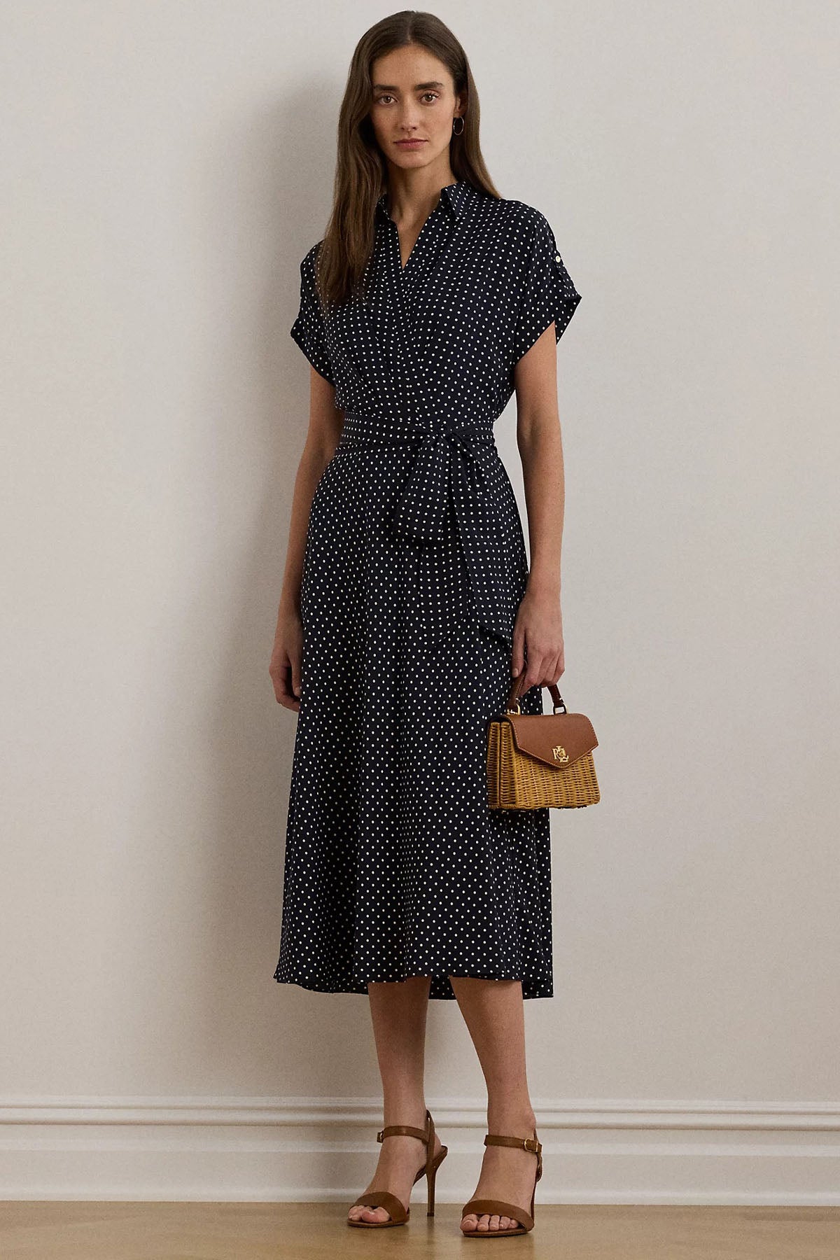 Polo Ralph Lauren Puantiyeli Midi Kemerli Elbise