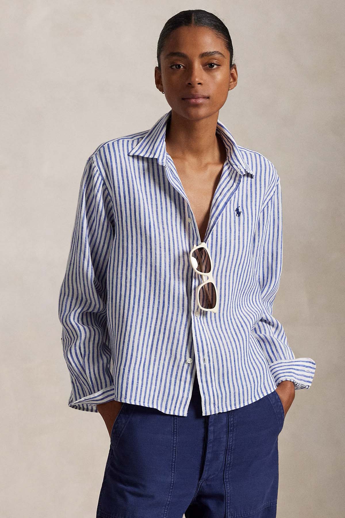 Polo Ralph Lauren Crop Boxy Fit Çizgili Keten Gömlek