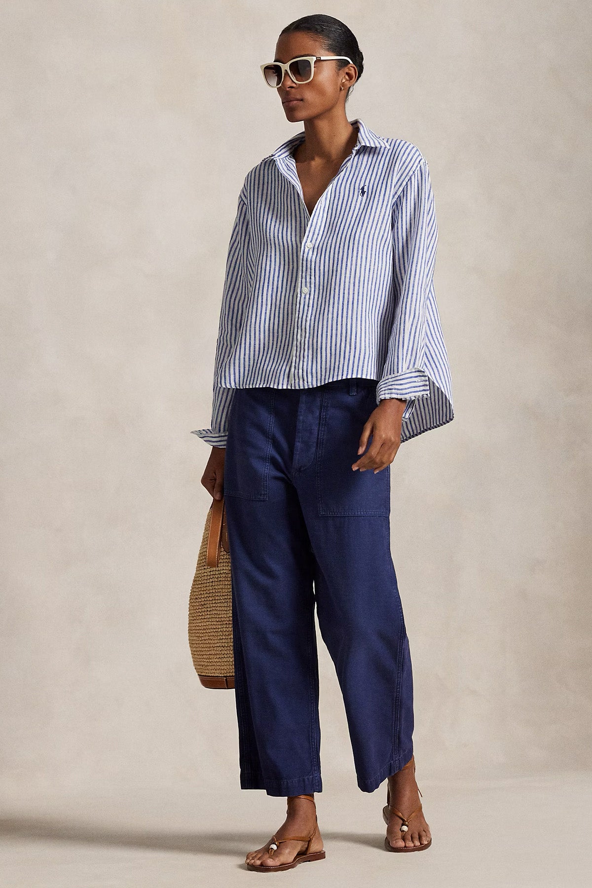 Polo Ralph Lauren Crop Boxy Fit Çizgili Keten Gömlek-Gömlek-Libas