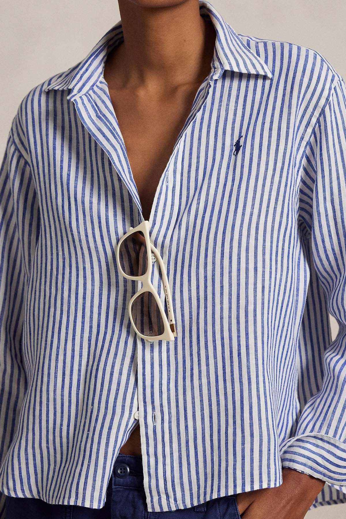 Polo Ralph Lauren Crop Boxy Fit Çizgili Keten Gömlek-Gömlek-Libas