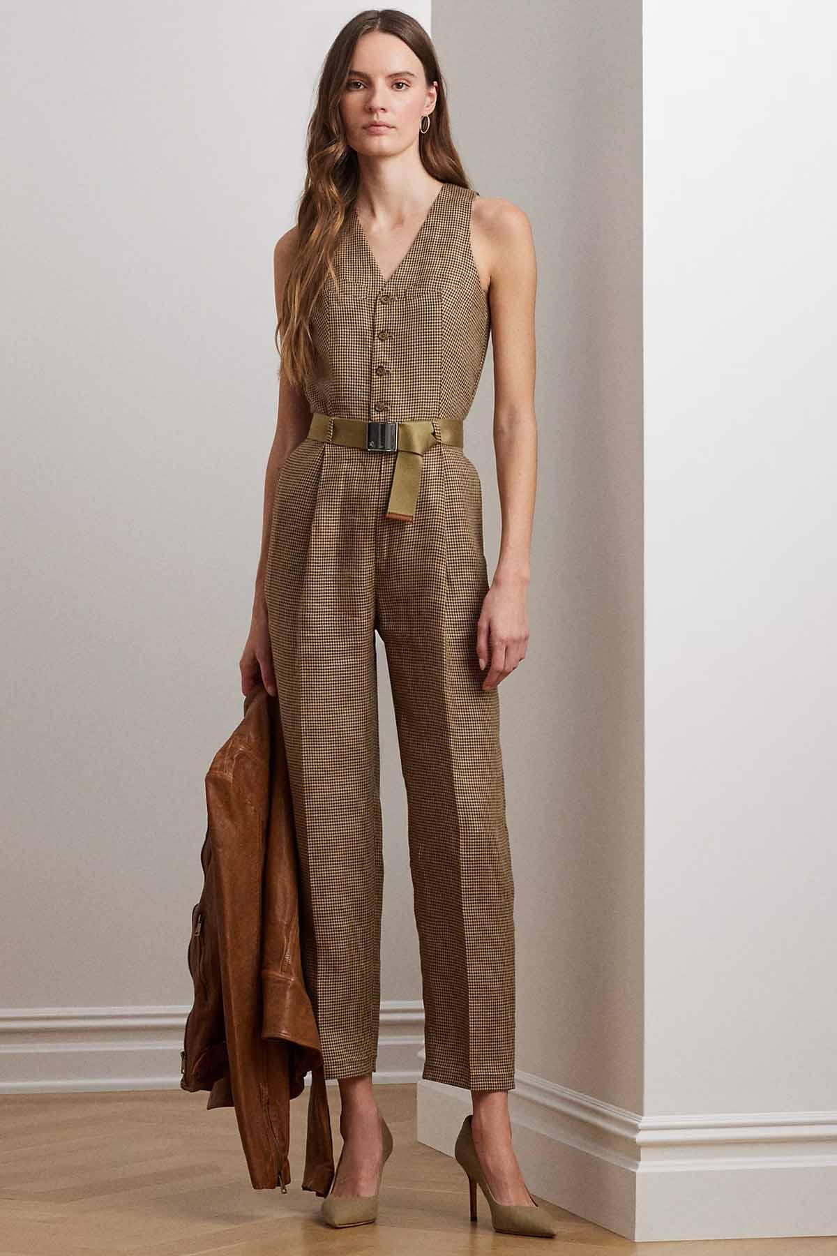 Polo Ralph Lauren Kazayağı Desenli Kemerli Tek Pileli Keten Tulum