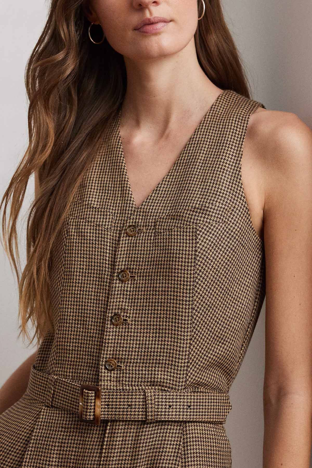 Polo Ralph Lauren Kazayağı Desenli Kemerli Tek Pileli Keten Tulum