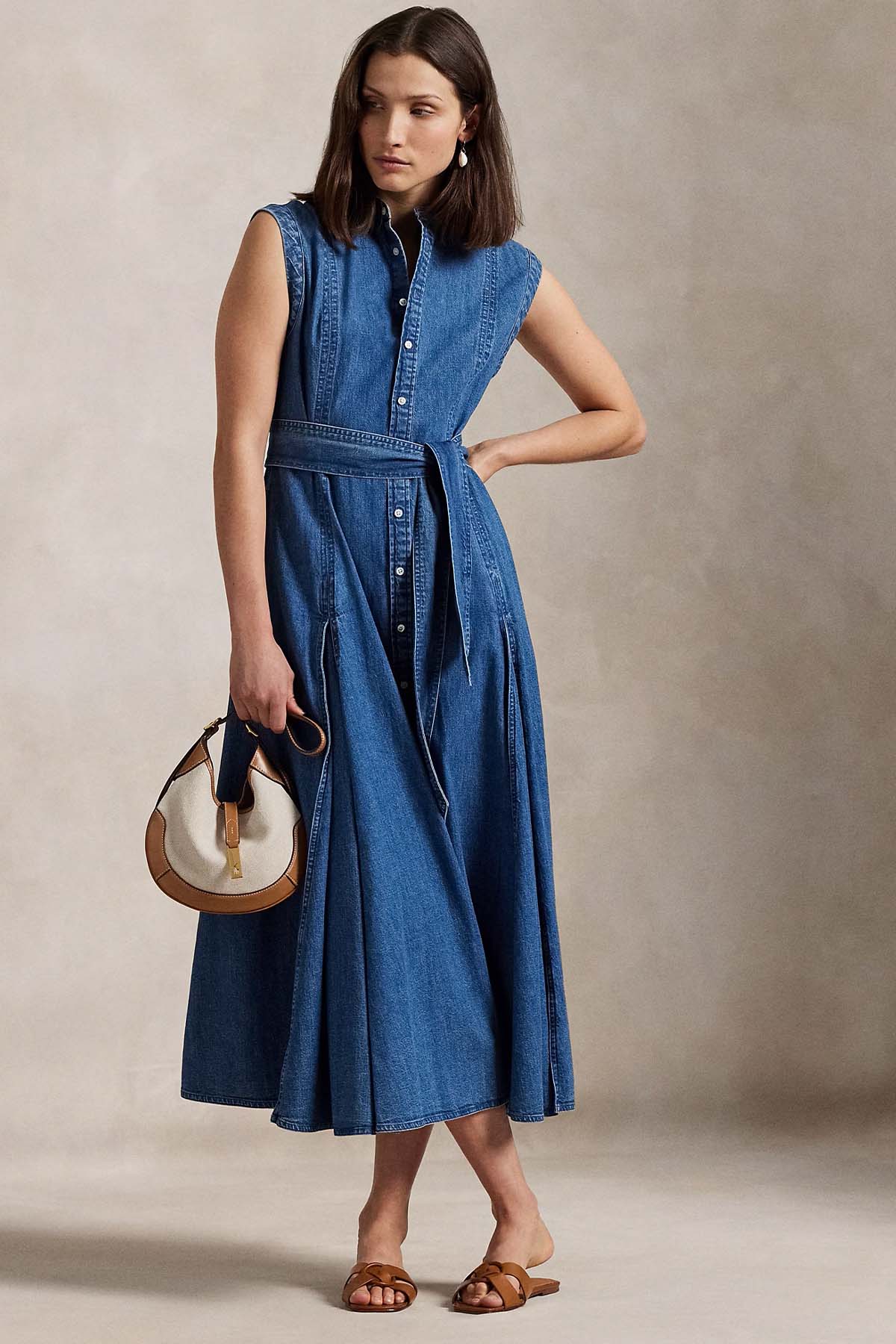 Polo Ralph Lauren Hakim Yaka Kemerli Midi Denim Gömlek Elbise