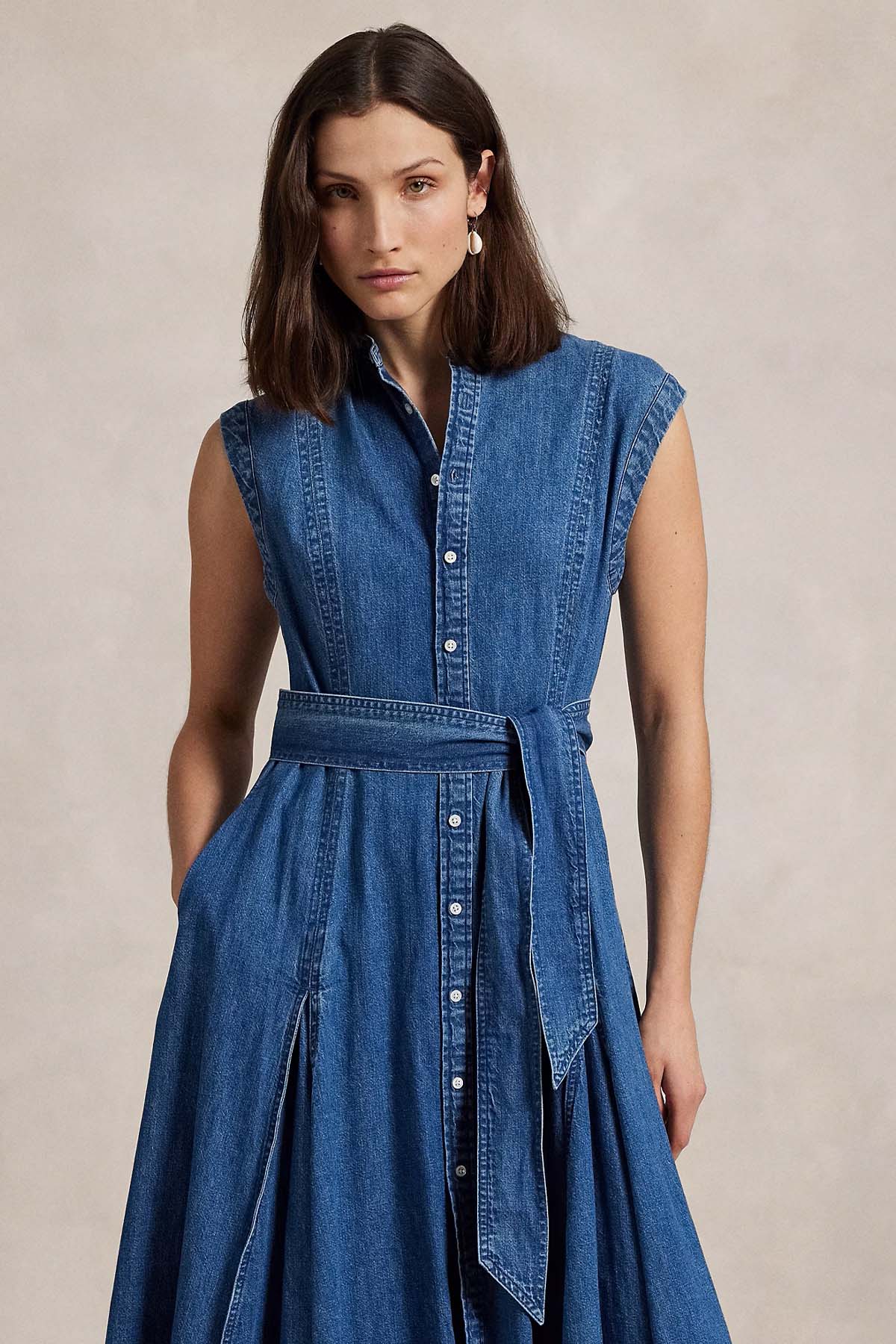 Polo Ralph Lauren Hakim Yaka Kemerli Midi Denim Gömlek Elbise