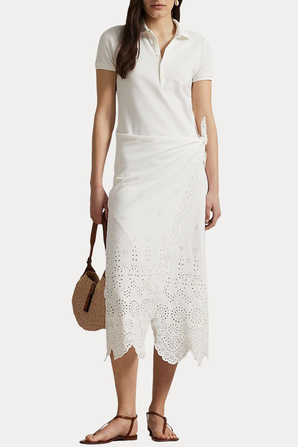 Polo Ralph Lauren Polo Yaka Dantel Nakışlı Kruvaze Bağlamalı Maxi T-shirt Elbise