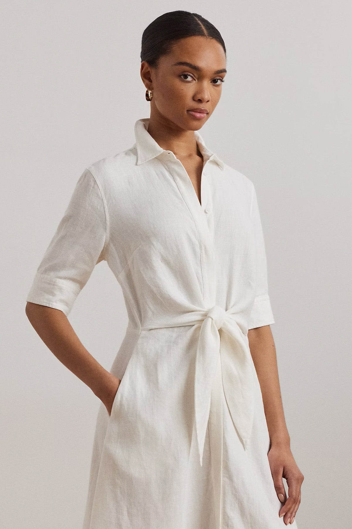 Polo Ralph Lauren Belden Bağlamalı Keten Midi Gömlek Elbise