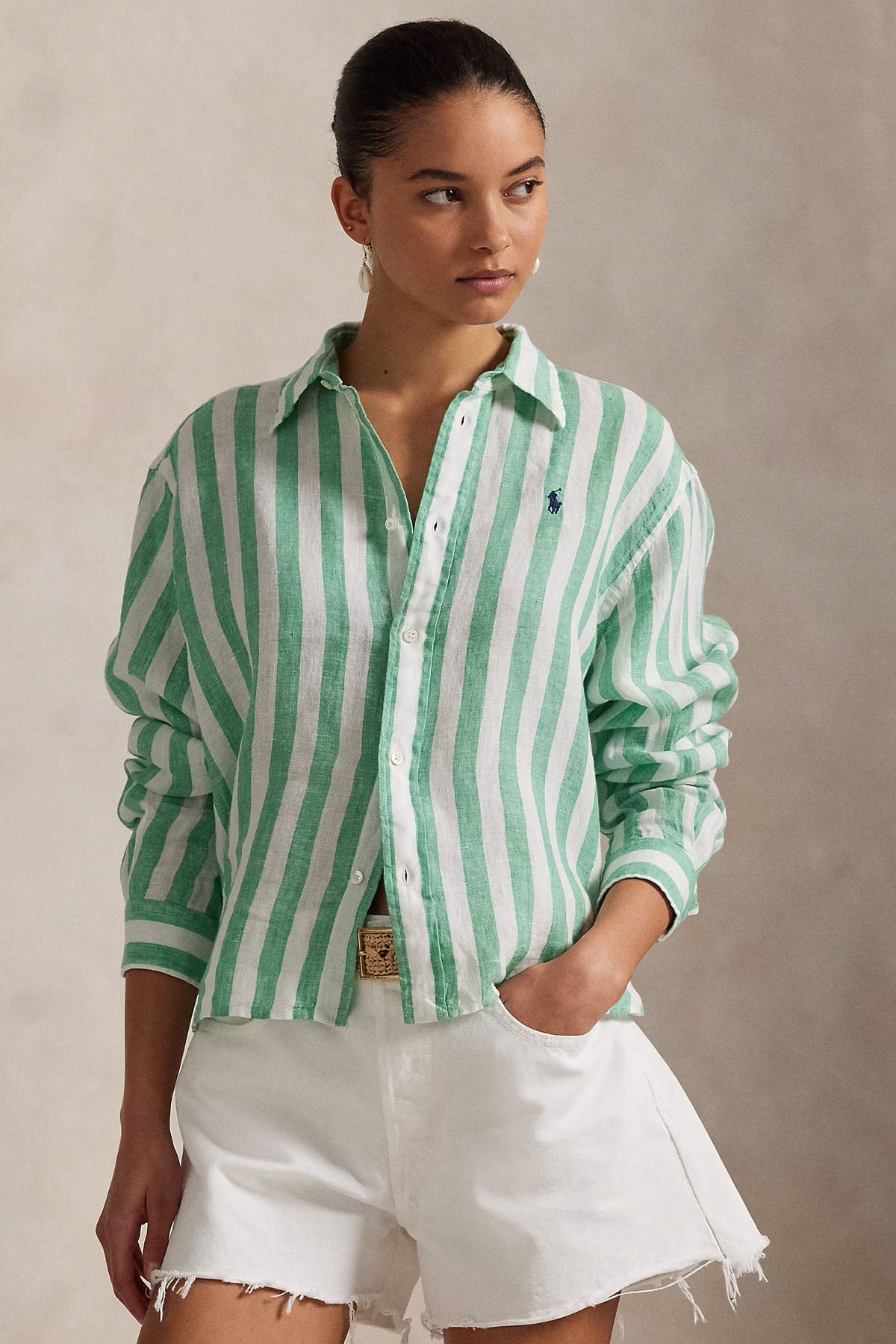 Polo Ralph Lauren Crop Boxy Fit Çizgili Keten Gömlek