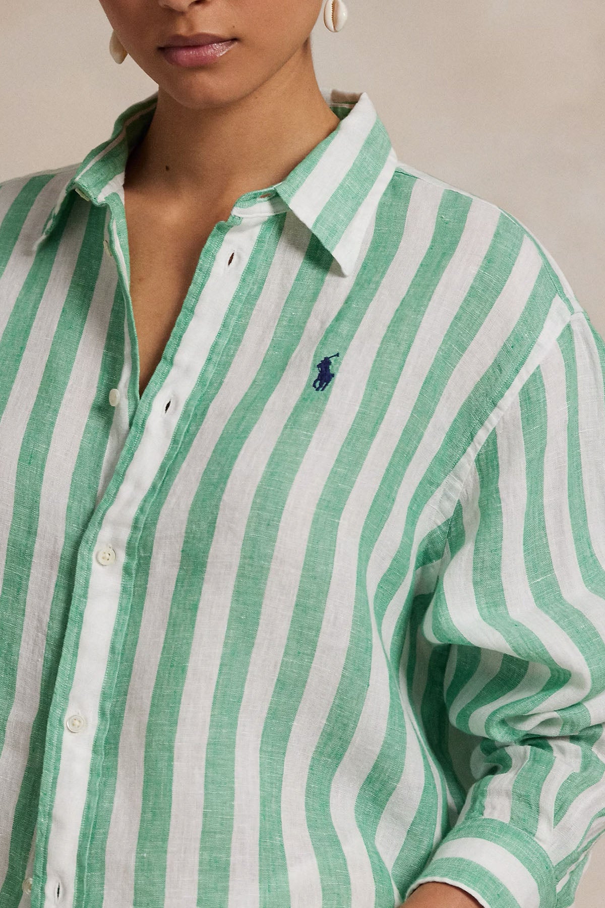 Polo Ralph Lauren Crop Boxy Fit Çizgili Keten Gömlek