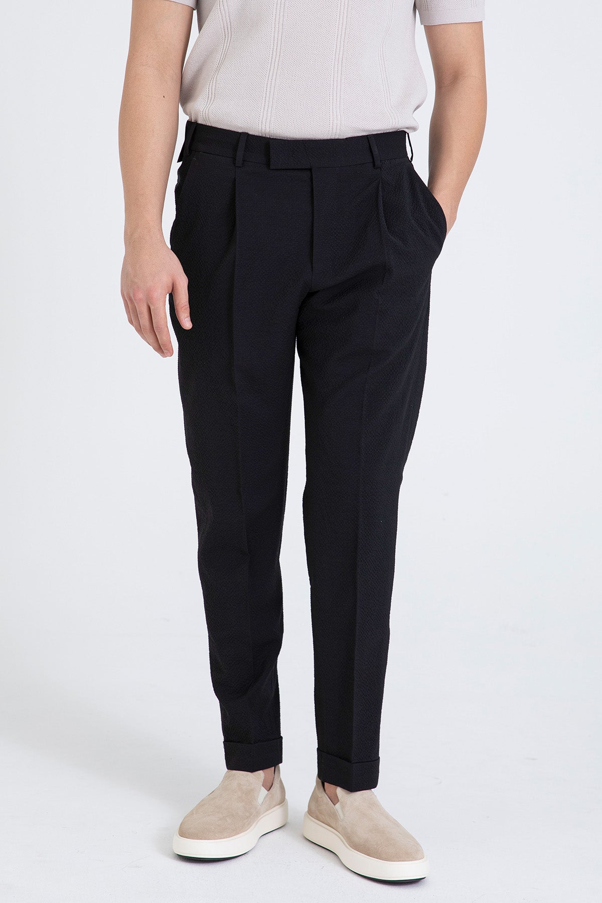 Pantaloni Torino The Rebel Tek Pileli Streç Gofre Kumaş Duble Paça Pantolon