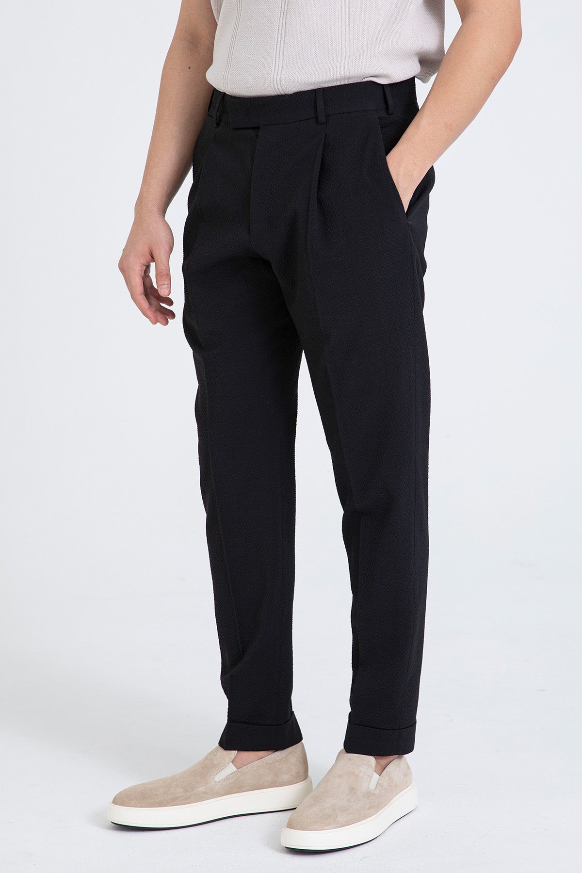 Pantaloni Torino The Rebel Tek Pileli Streç Gofre Kumaş Duble Paça Pantolon