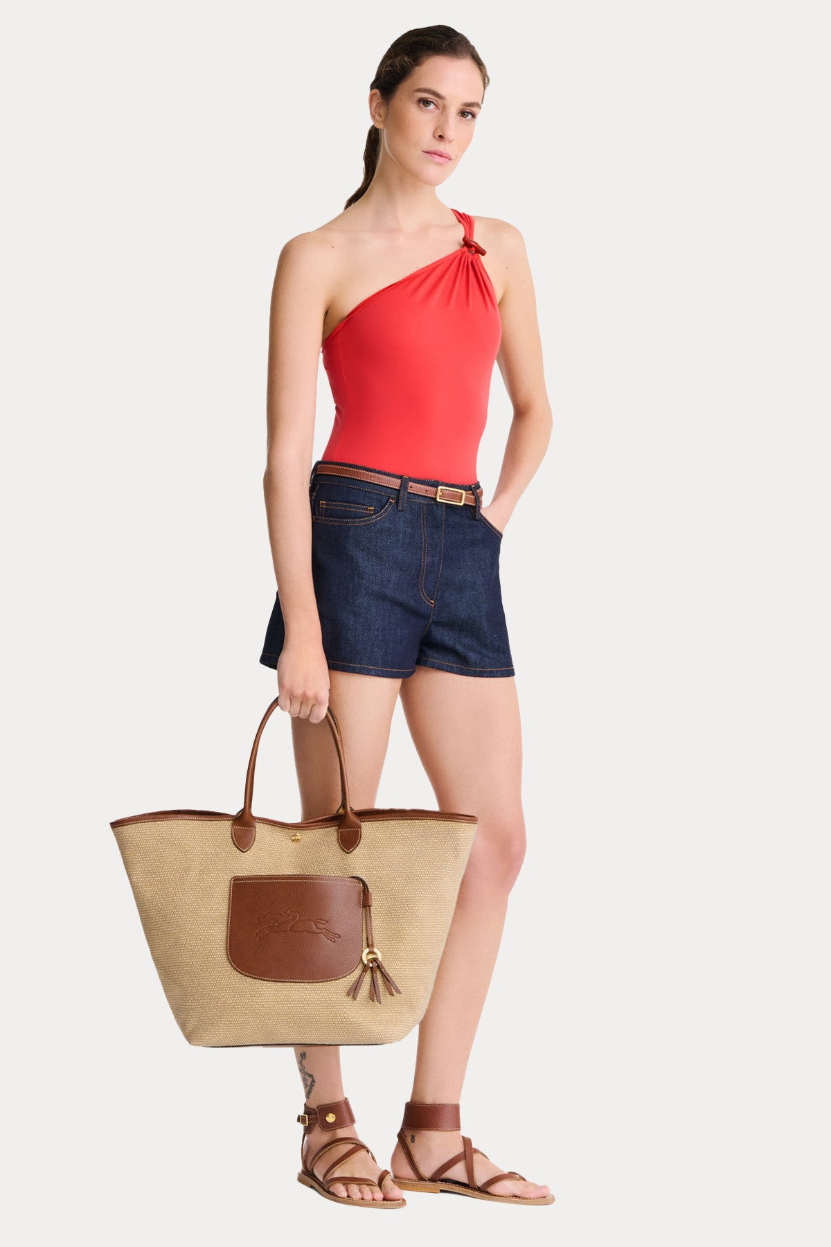 Longchamp Deri Detaylı Hasır Örgü Shopping Bag Çanta