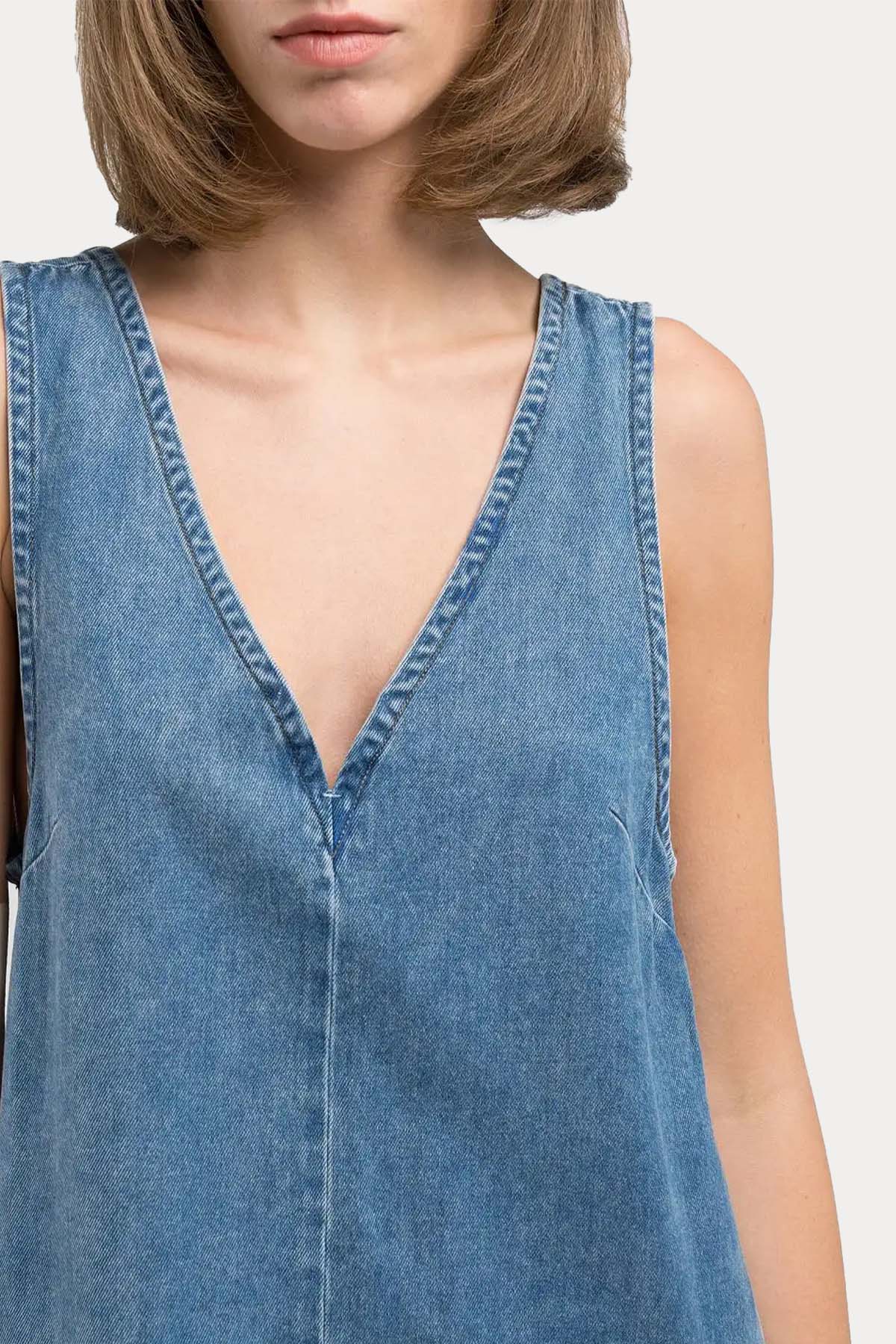 Replay V Yaka Cep Detaylı Mini Denim Elbise