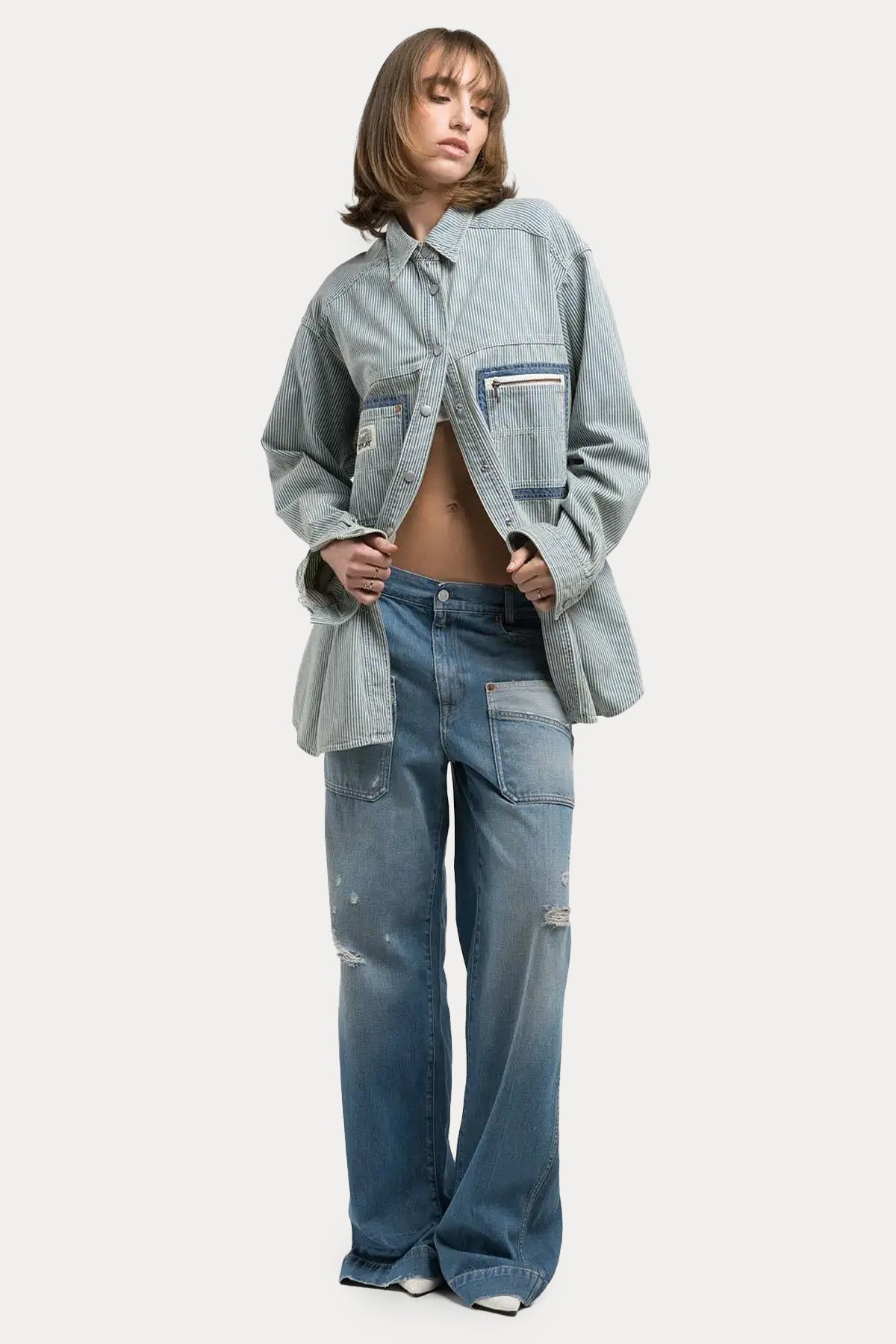 Replay Geniş Kesim Cep Detaylı Çizgili Denim Gömlek