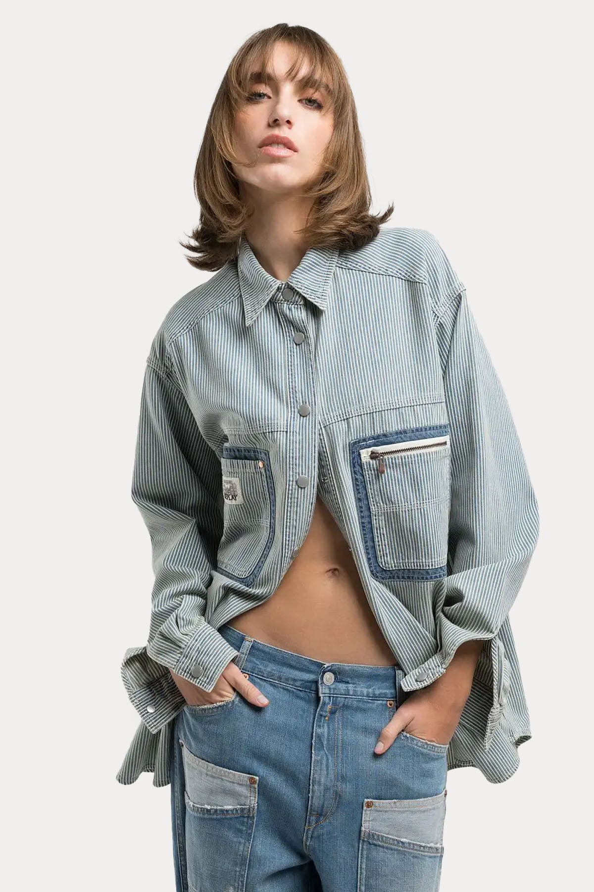 Replay Geniş Kesim Cep Detaylı Çizgili Denim Gömlek