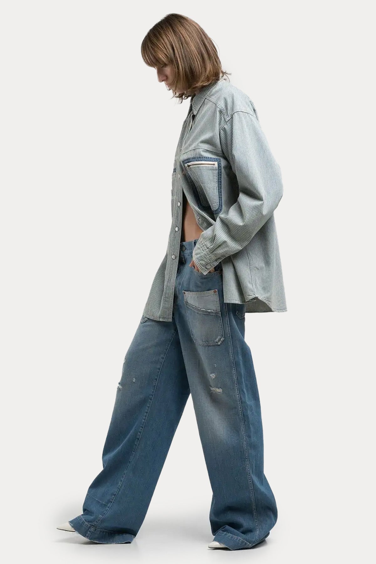 Replay Geniş Kesim Cep Detaylı Çizgili Denim Gömlek