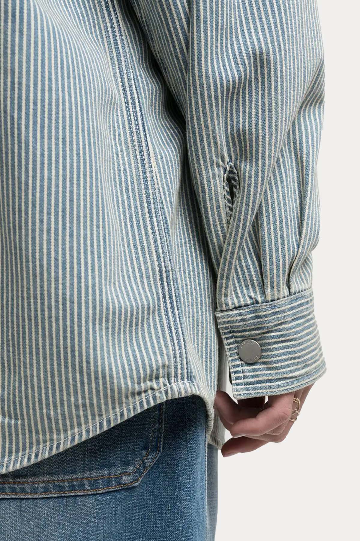 Replay Geniş Kesim Cep Detaylı Çizgili Denim Gömlek