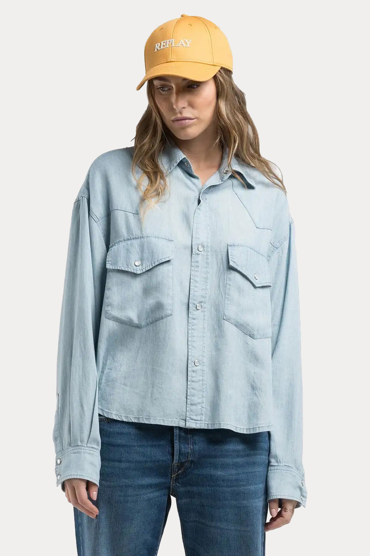 Replay Relaxed Fit Cep Detaylı Logolu Denim Gömlek