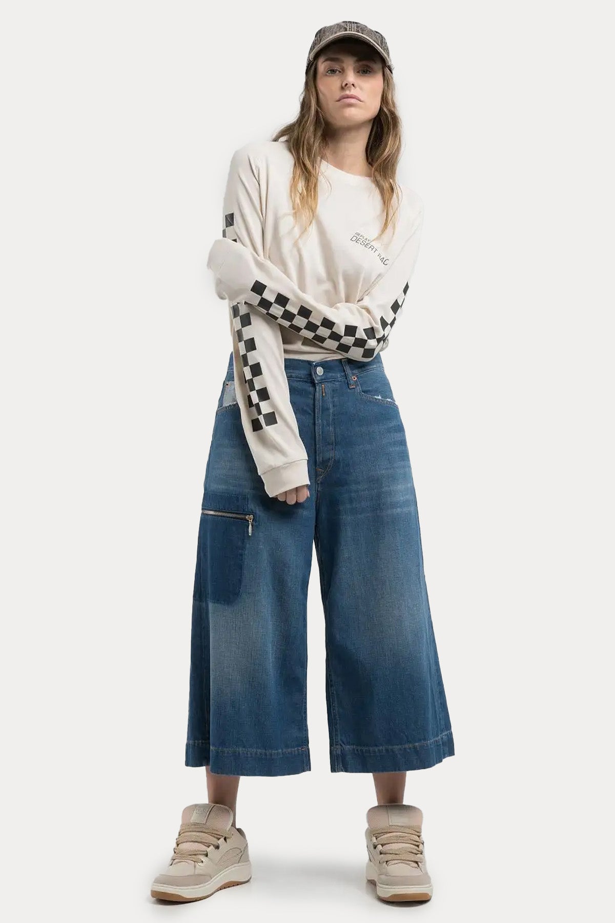 Replay Svanna Wide Leg Culotte Fit Kargo Cepli Geniş Crop Paça Jeans