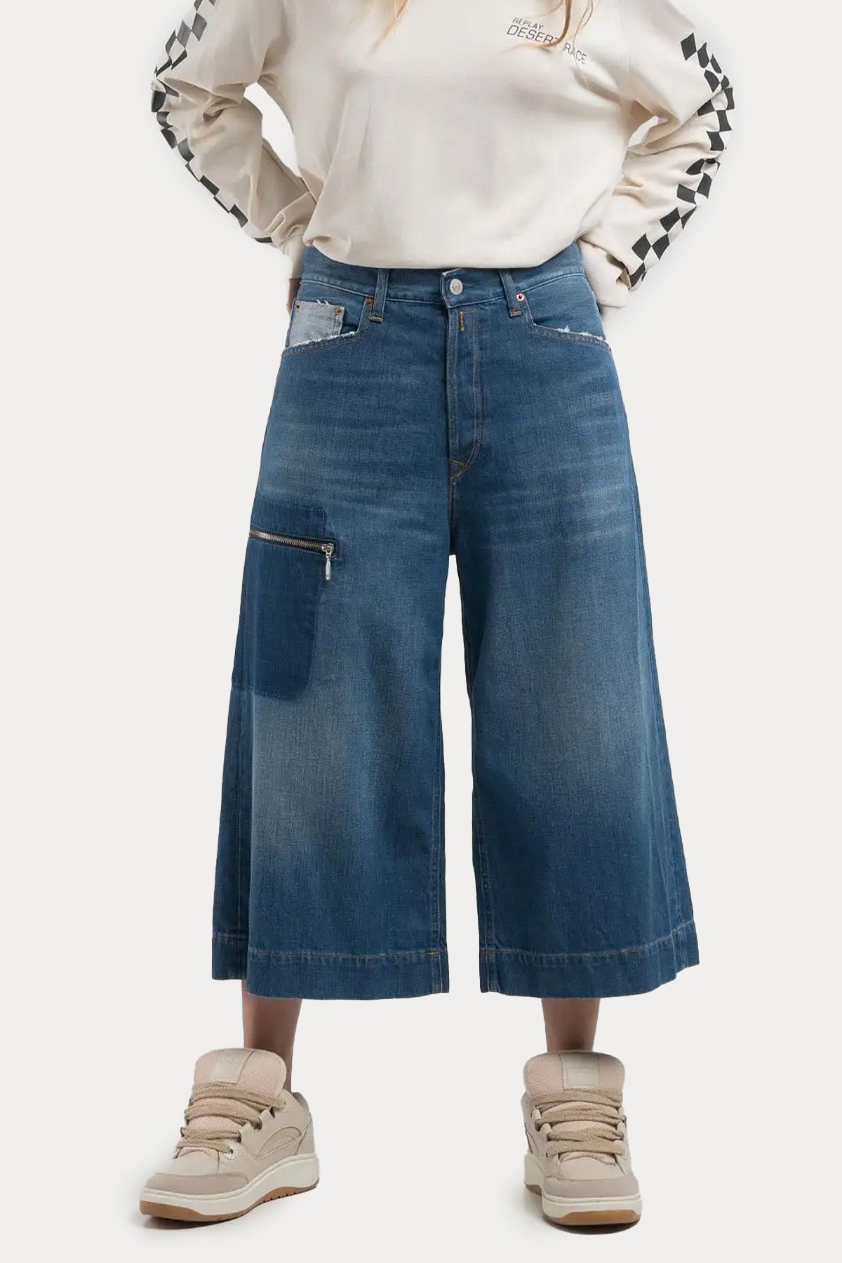 Replay Svanna Wide Leg Culotte Fit Kargo Cepli Geniş Crop Paça Jeans