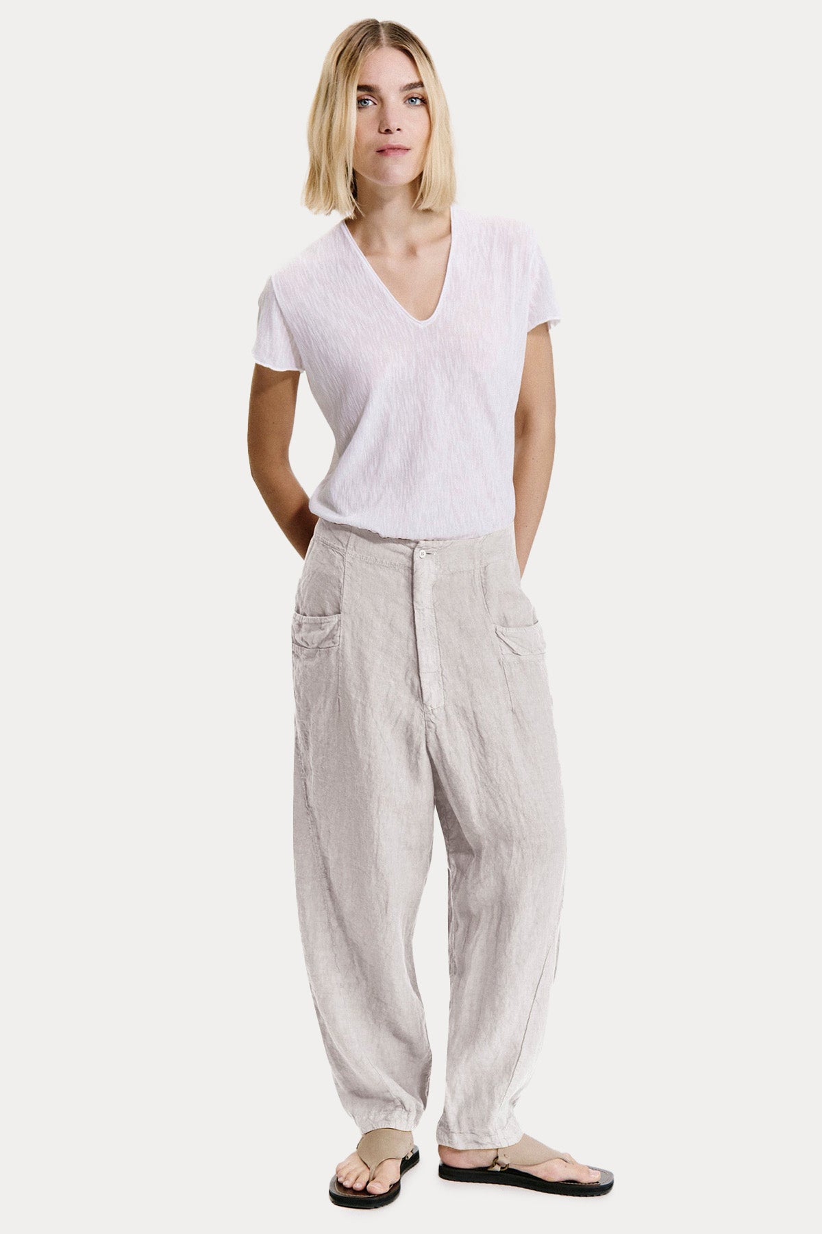 Transit Geniş Kesim Beli Lastikli Keten Pantolon
