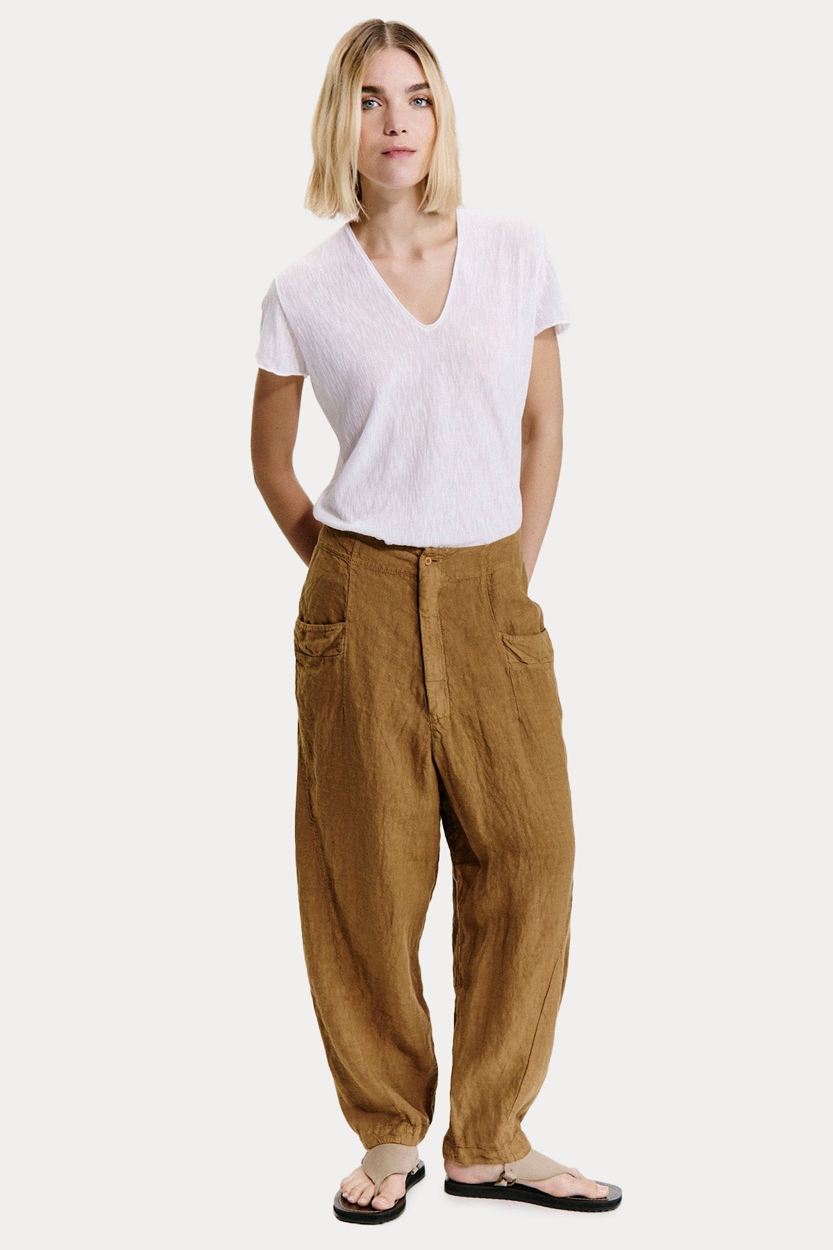 Transit Geniş Kesim Beli Lastikli Keten Pantolon