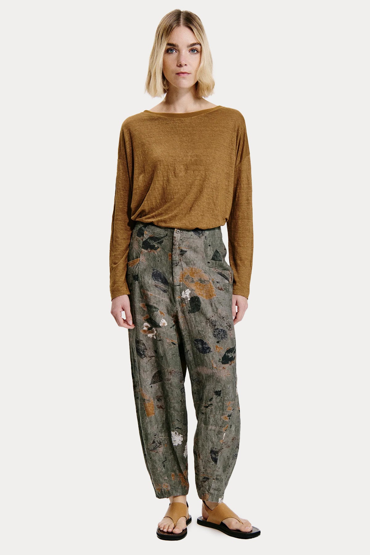 Transit Geniş Kesim Desenli Beli Lastikli Keten Pantolon