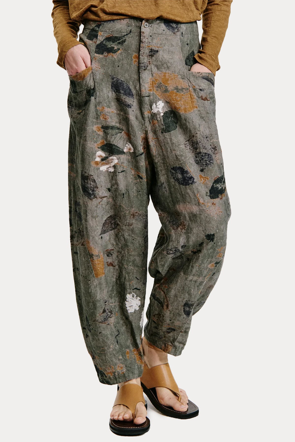 Transit Geniş Kesim Desenli Beli Lastikli Keten Pantolon