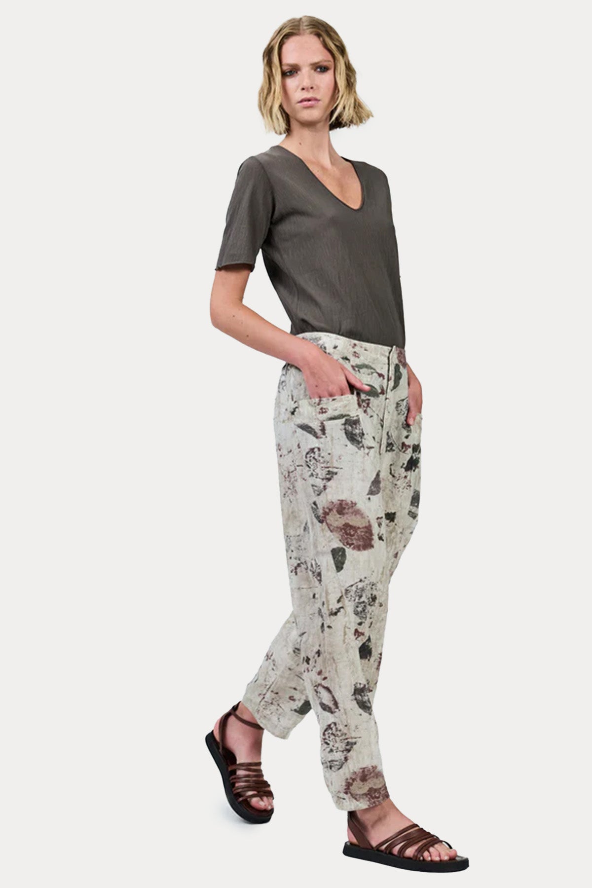 Transit Geniş Kesim Desenli Beli Lastikli Keten Pantolon