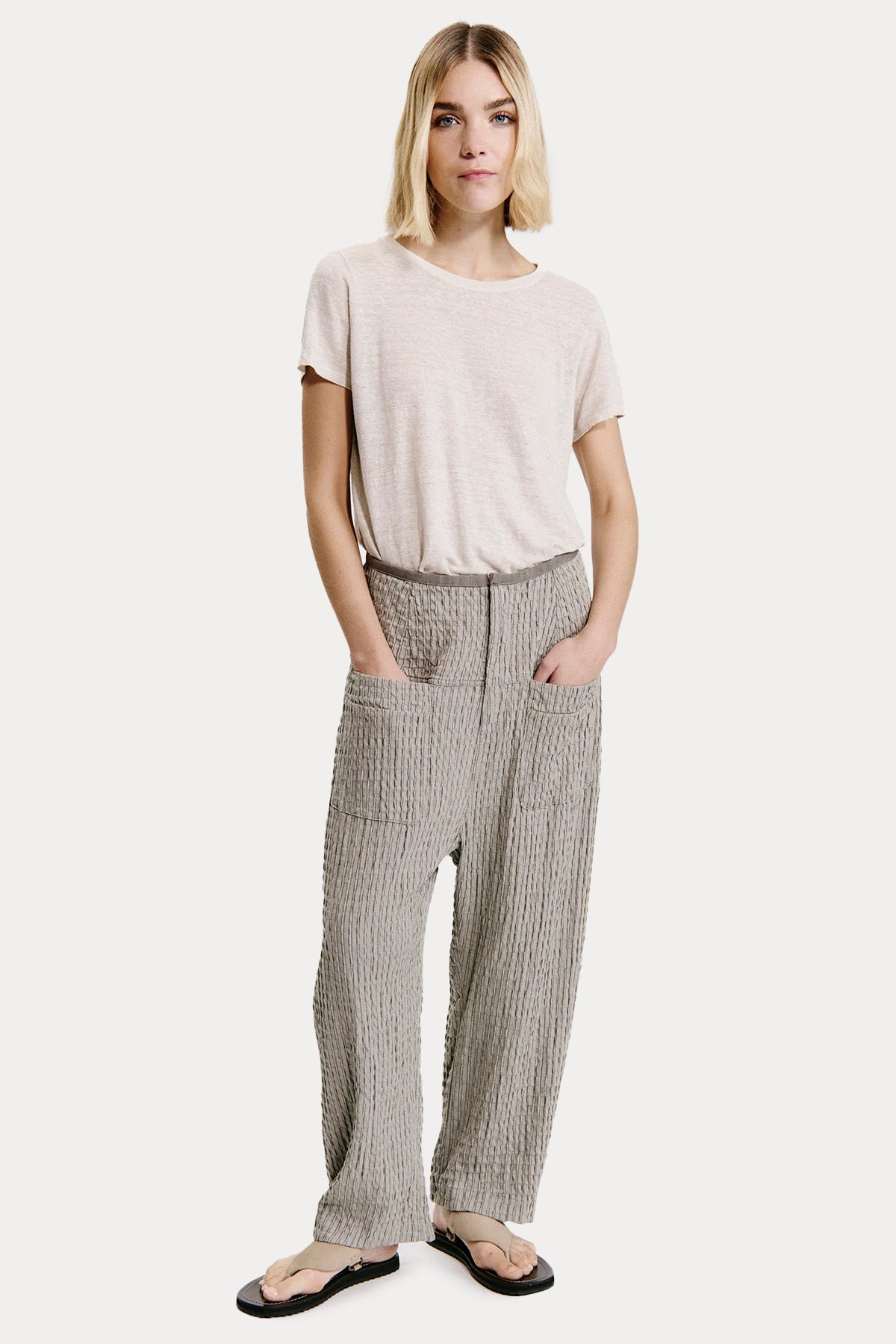 Transit Comfort Fit Çizgili Gofre Kumaş Keten Pantolon